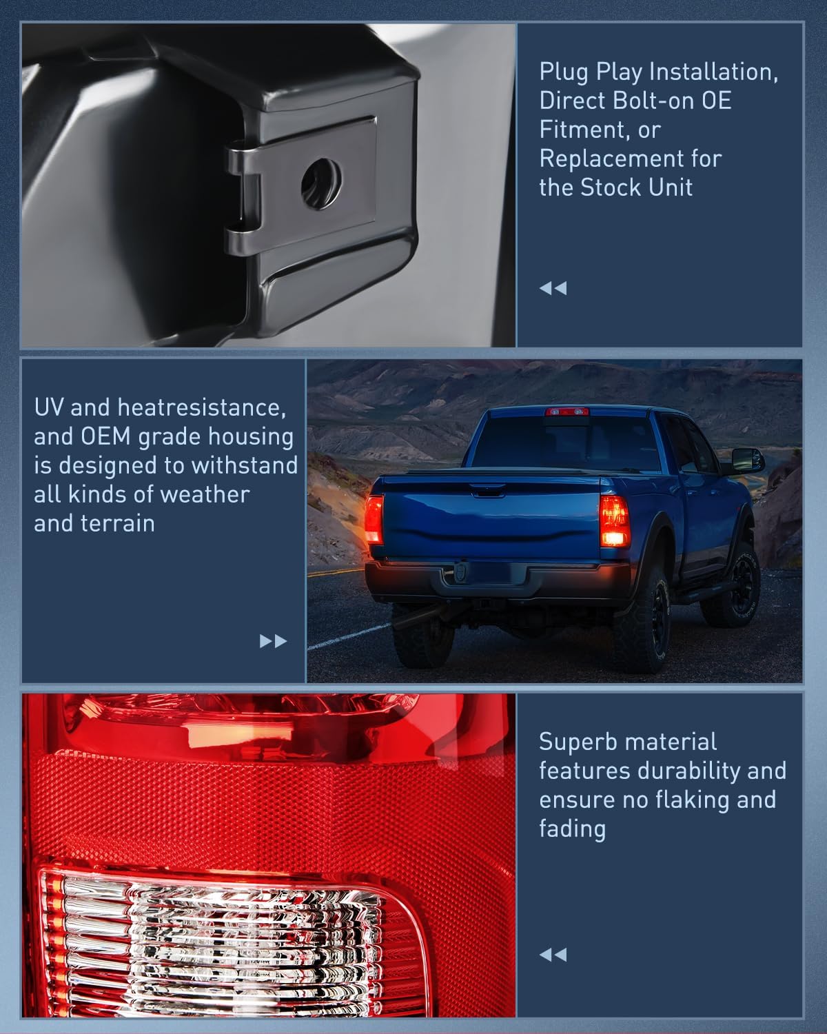 Nilight Headlight and Taillight Assembly Combo Compatible with 2009 2010 2011 2012 2013 2014 2015 2016 2017 2018 Dodge Ram for Quad Models Chrome Housing Amber Reflector with Red Housing Tail Light