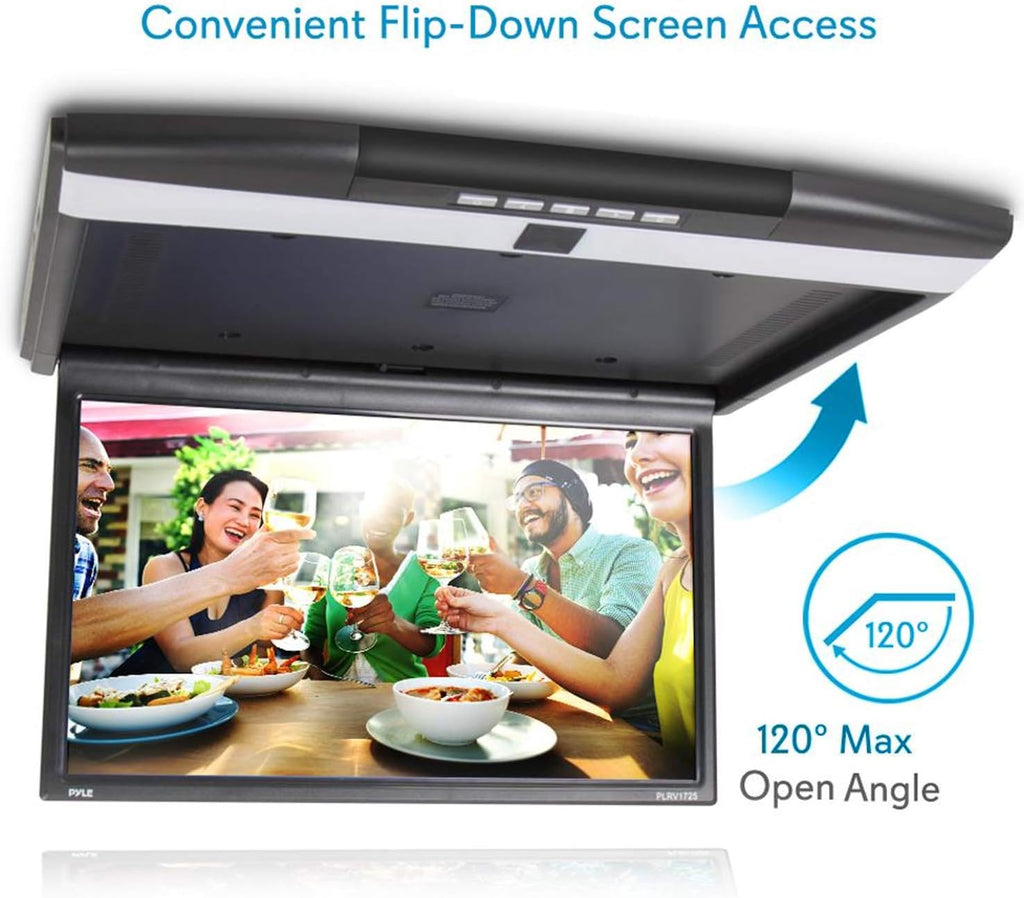 Pyle Car Overhead Monitor Screen Display - 17.3 inch. LCD Vehicle Flip Down Roof Mount Console - HDMI TV Player Control Panel w/ Built-in IR Transmitter for Wireless IR Headphone - Pyle PLRV1725
