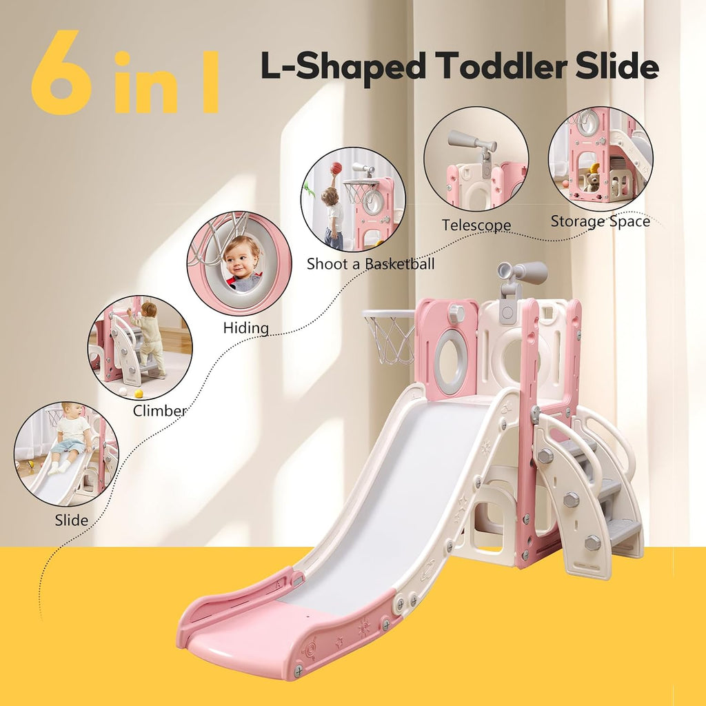 6 in 1 Toddler Playset with Slide,Toddler Slide,Slide for Kids with Basketball Hoop,Ball,Ring Toss,Kids Slide Toddler Playground Toddler Slide Indoor Outdoor Toys