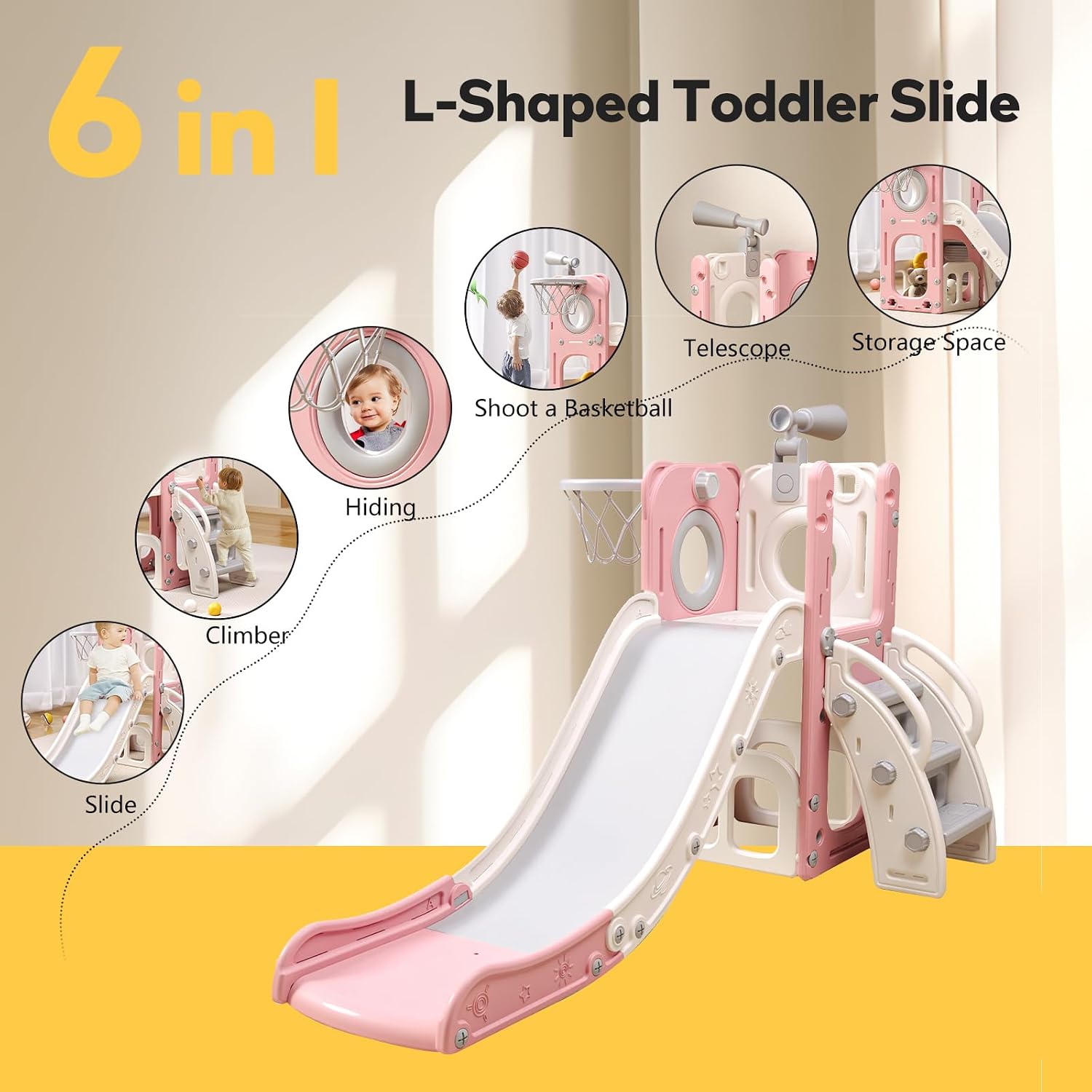 6 in 1 Toddler Playset with Slide,Toddler Slide,Slide for Kids with Basketball Hoop,Ball,Ring Toss,Kids Slide Toddler Playground Toddler Slide Indoor Outdoor Toys