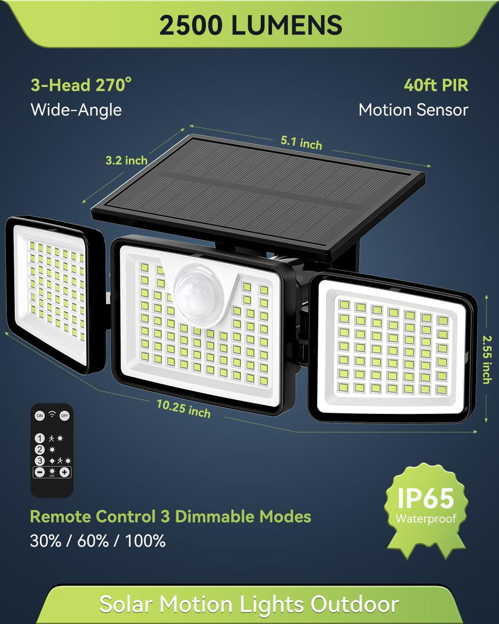 daphino 2500LM Solar Lights Outdoor with Motion Sensor,3 Head 270° Wide Angle Street Area Lights,IP65 Waterproof Security Lighting with 3 Modes(Remote,6 Pcs)