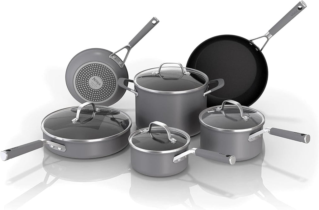Ninja NeverStick Professional Hard-Anodized 10 Piece Pots & Pans Set, Nonstick Cookware Set, Durable, Oven Safe to 500°F, Slate Grey, C39500