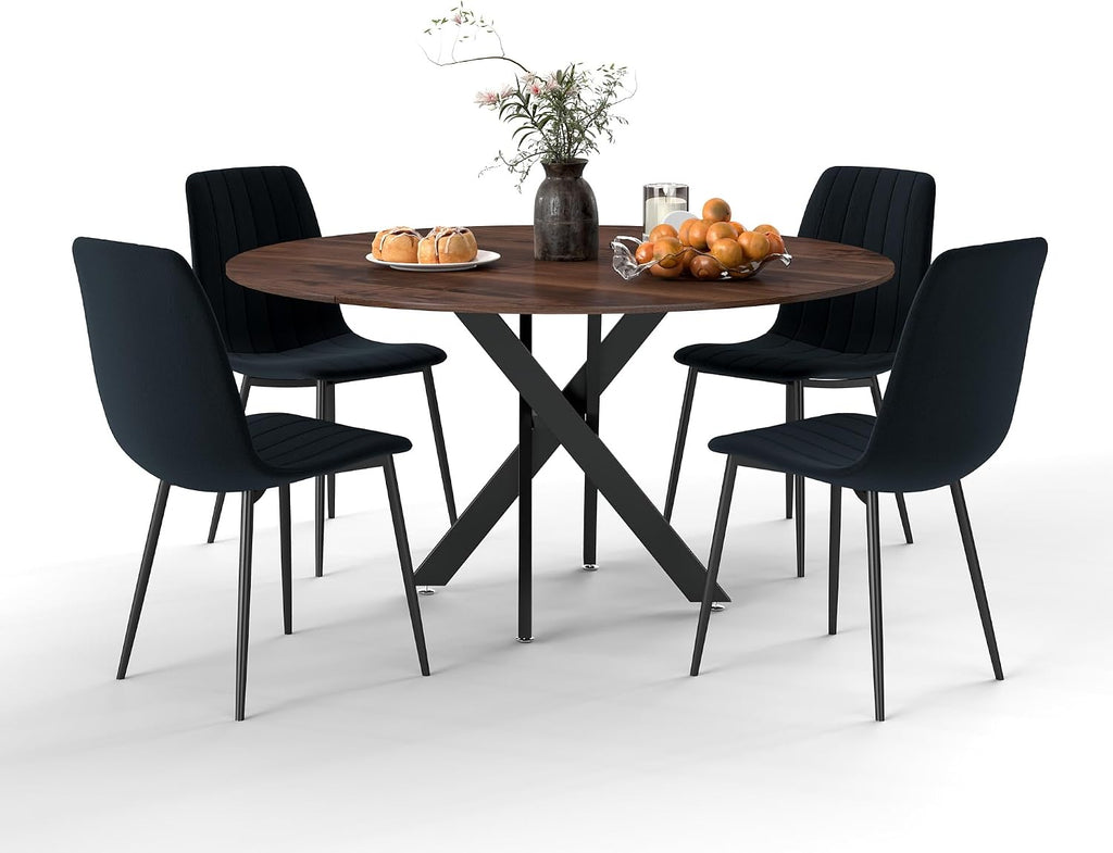 RGZ 47' Round Table Set for 4, 5 PCS Modern Wooden Circle Dining Table for 2-4, Walnut Round Dining Table with Steel Legs & 4 Black Velvet Upholstered Chairs for Dining Room, Living Room, Kitchen