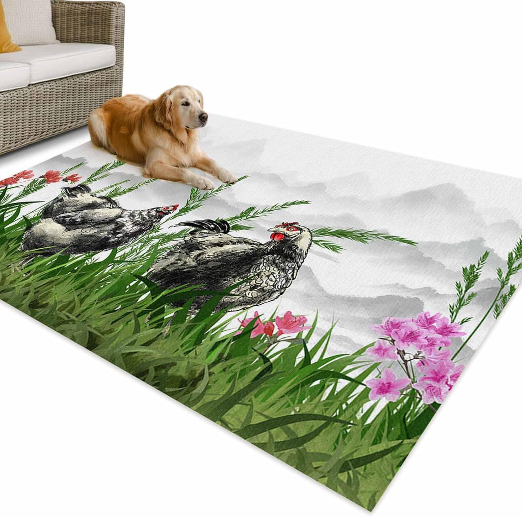 Outdoor Rug 4x6ft Nature Landscape Black Sketch Rooster Green Grass Patio Area Rugs Waterproof Easy Cleaning Non Shedding Thick Mats Mountain Carpet for Indoor Outdoor Porch Deck Backyard Balcony
