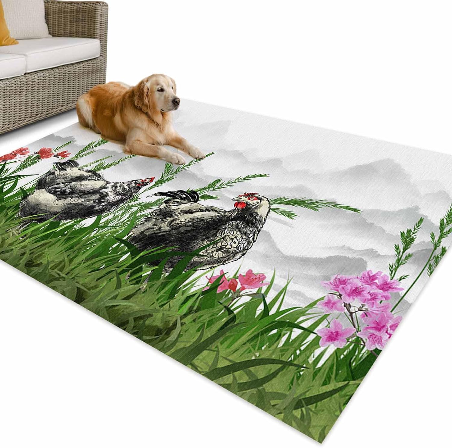 Outdoor Rug 4x6ft Nature Landscape Black Sketch Rooster Green Grass Patio Area Rugs Waterproof Easy Cleaning Non Shedding Thick Mats Mountain Carpet for Indoor Outdoor Porch Deck Backyard Balcony