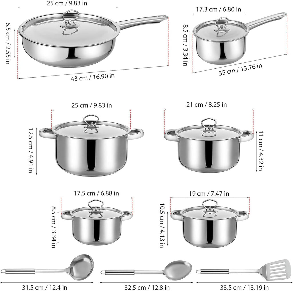 FAVOMOTO 15pcs Stainless Steel Pots and Pans Set with Composite Bottom, Induction Compatible Cookware with Lids and Cooking Utensils for Kitchen Use