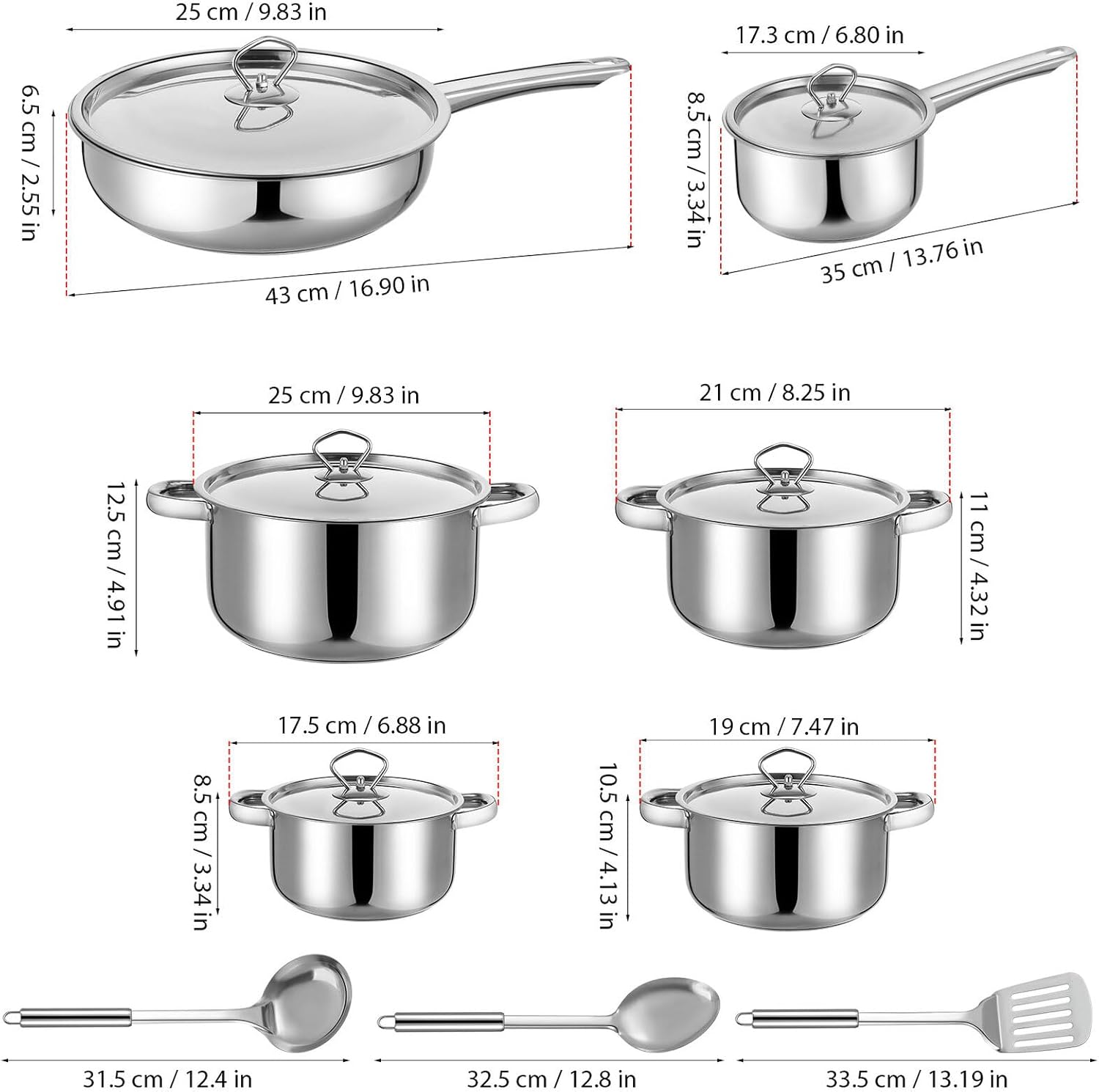 FAVOMOTO 15pcs Stainless Steel Pots and Pans Set with Composite Bottom, Induction Compatible Cookware with Lids and Cooking Utensils for Kitchen Use