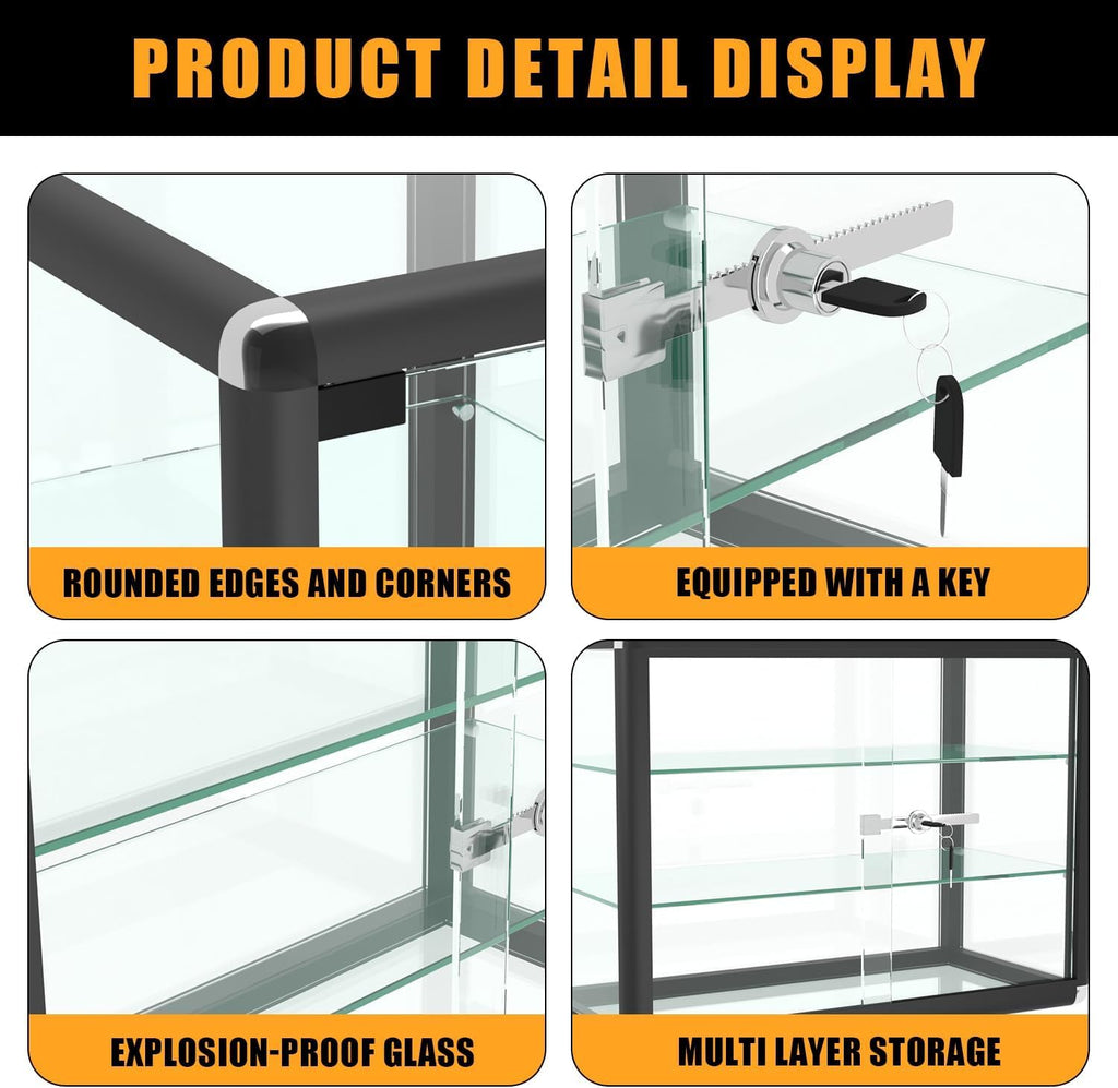 24' W x 18' H x 12' D Black Aluminum Tempered Glass Countertop Display Case - Durabletable Top Display Case,Clear Display Cabinet for Retail, Home & Office Use