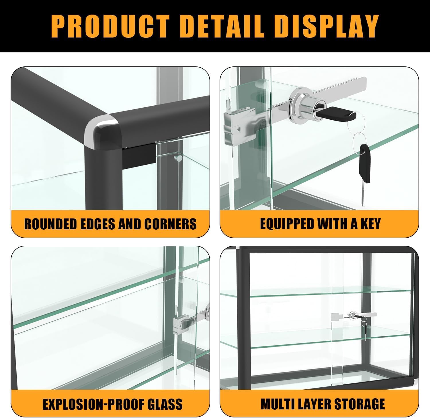 24' W x 18' H x 12' D Black Aluminum Tempered Glass Countertop Display Case - Durabletable Top Display Case,Clear Display Cabinet for Retail, Home & Office Use