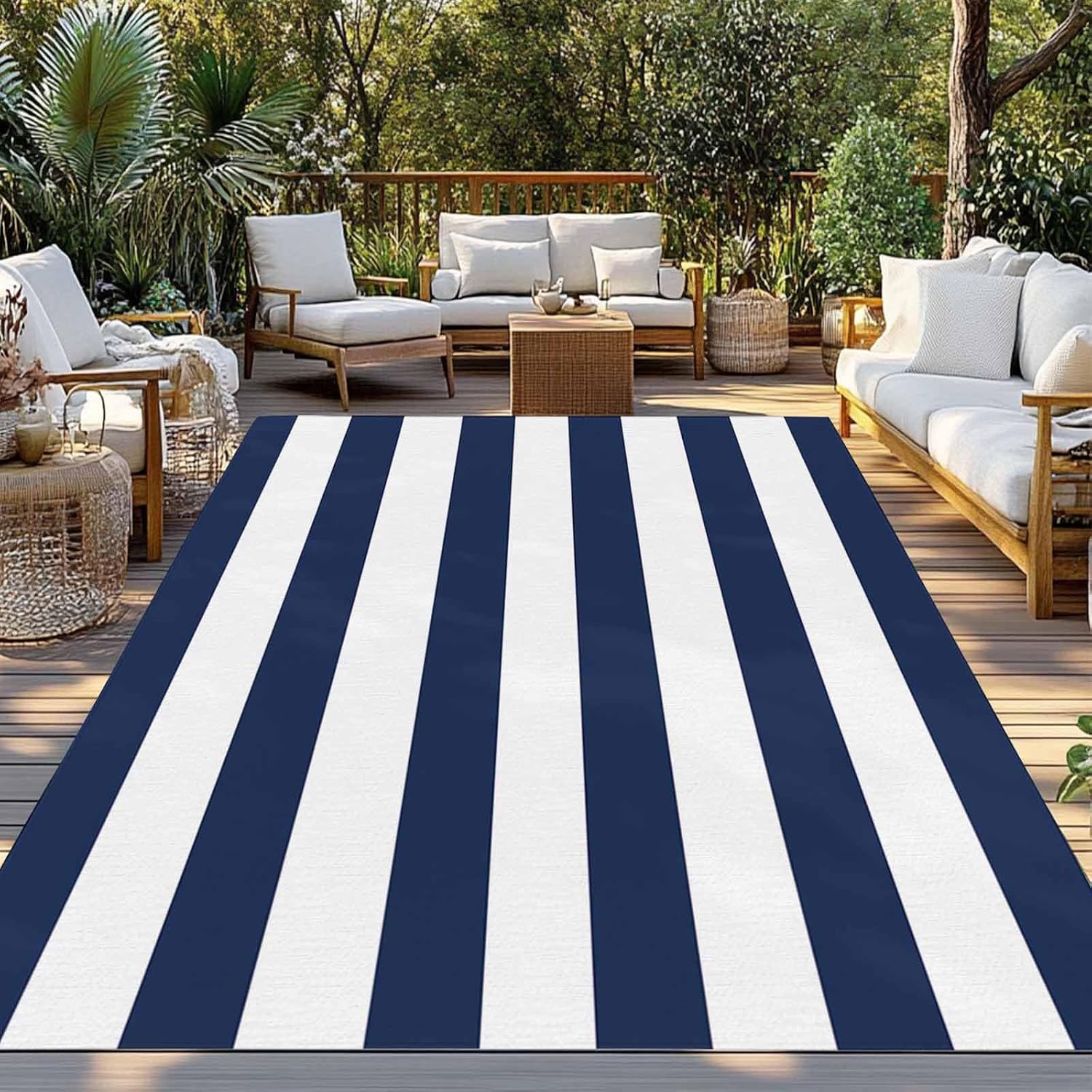 Outdoor Rug 4x6ft Nautical Striped Navy Blue and White Patio Area Rugs Waterproof Easy Cleaning Non Shedding Thick Mats Stripes Carpet for Indoor Outdoor Porch Deck Backyard Balcony