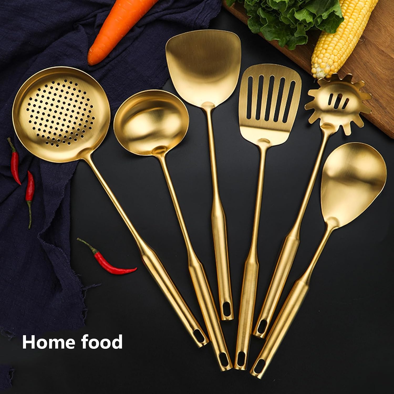 Gold Cooking Utensils Set Stainless Steel Non-stick Heat Resistant Ceramic Handle 7pieces Kitchenware Cookware Set Kitchen Tools Set With Utensil Holder Dishwasher Safe Easy To Clean