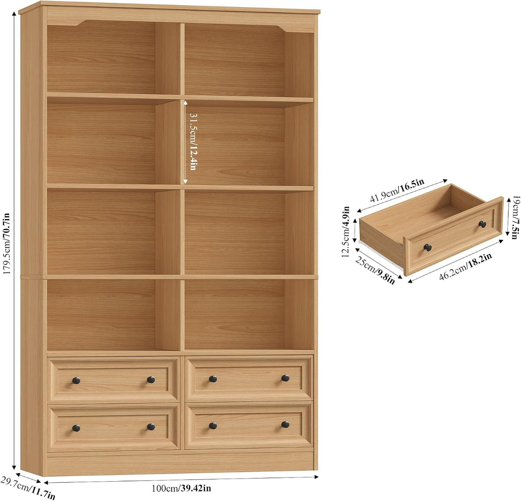 FINETONES 71' Tall Bookshelf with 4 Drawers, 6-Tier Double Wide Bookshelves and Bookcases with Storage, Natural Bookshelf Large Open Bookshelves Standing Book Cabinet for Home Office