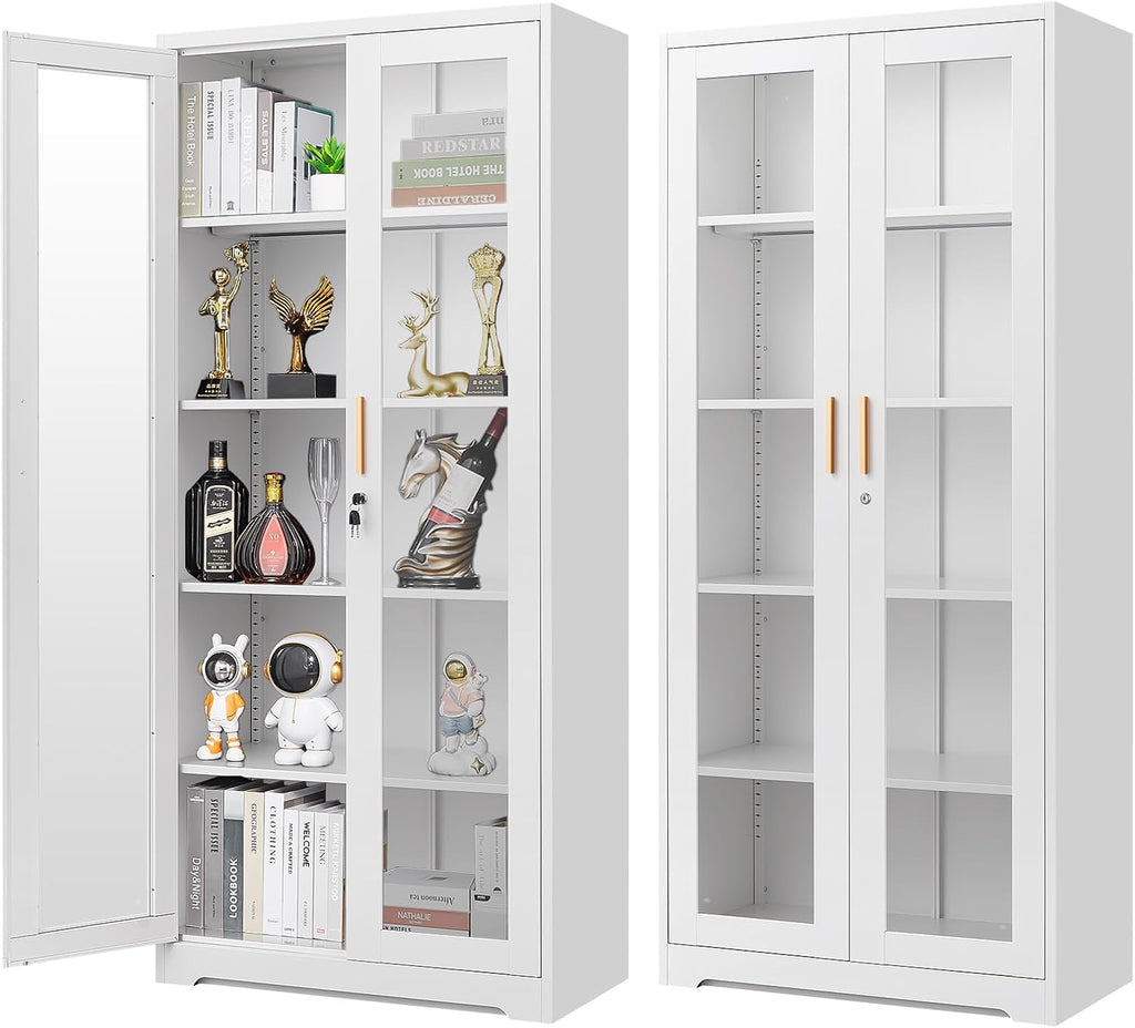 Polup Display Cabinet with Glass Doors, 71'' Tall Curio Cabinets with Lock, Metal Glass Display Case for Collectibles, Living Room, School, Commercial, White, Assemble Required