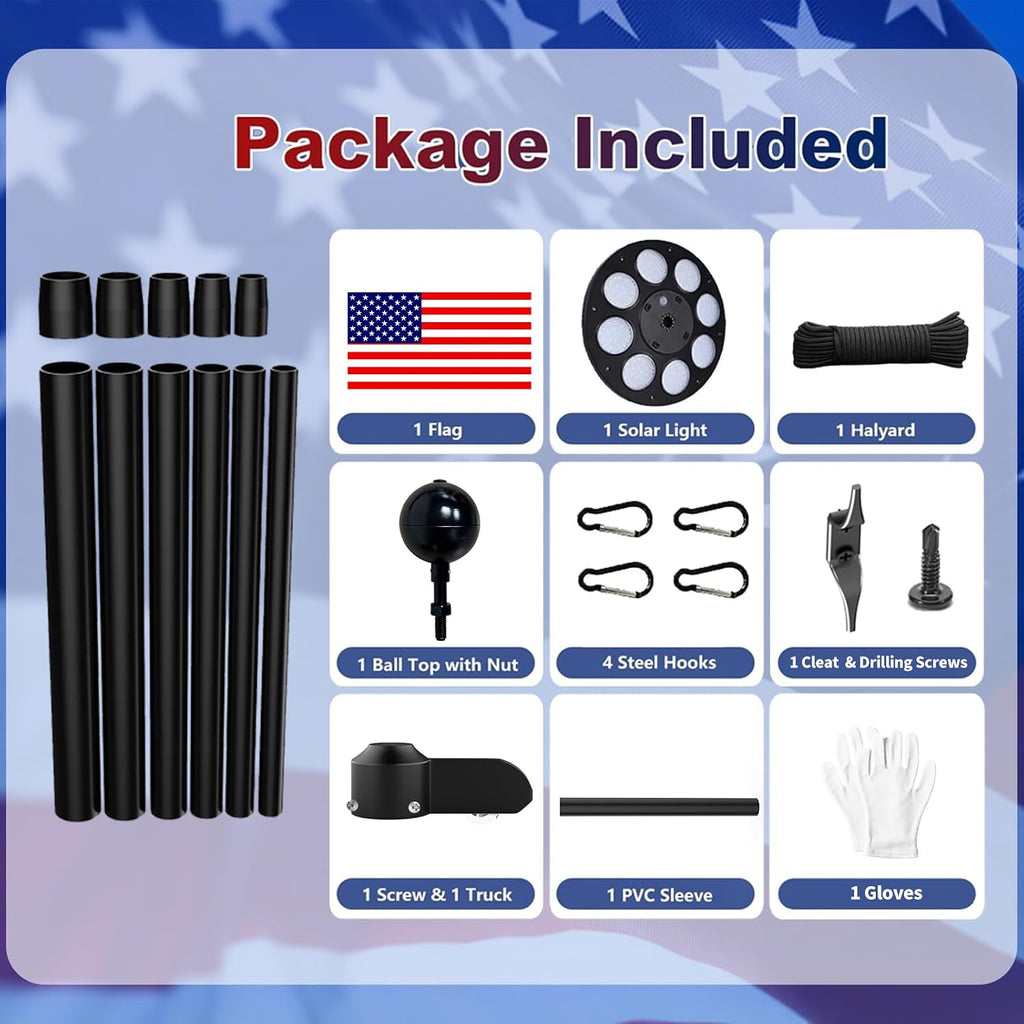 MXQMKL 9 Gauge 25FT Heavy Duty Solar Flagpole Kit,Flag Pole for Outside House in Ground 3mm Thick Aluminum Flagpoles with 136 LED Light & 3x5 American Flag for Outdoor 120MPH Wind Tested,Black