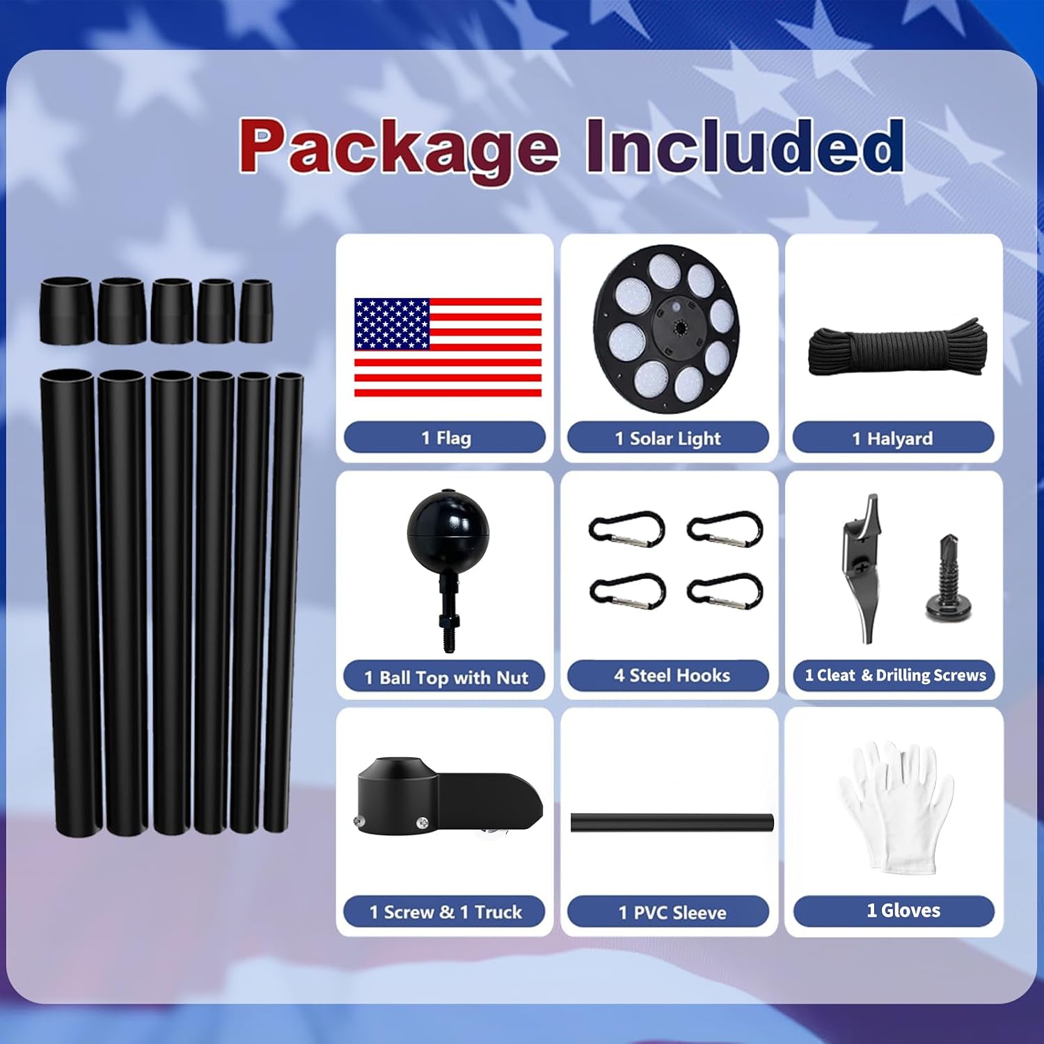 MXQMKL 9 Gauge 25FT Heavy Duty Solar Flagpole Kit,Flag Pole for Outside House in Ground 3mm Thick Aluminum Flagpoles with 136 LED Light & 3x5 American Flag for Outdoor 120MPH Wind Tested,Black