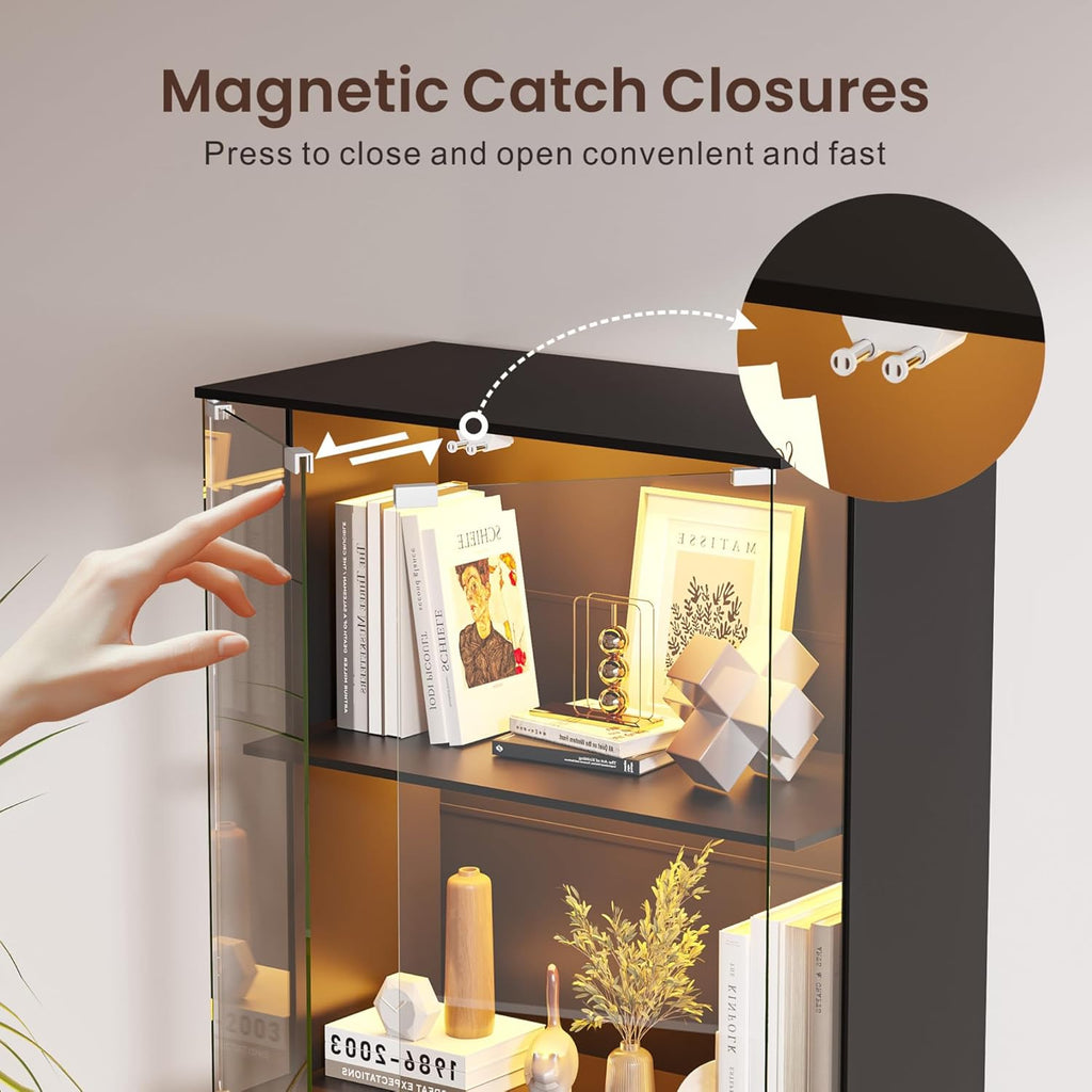 HNEBC Black Display Cabinet with Glass Door,Lighted 4-Tier Curio Cabinet with3 Color Lights for Collectibles Bookcases,66' Display Case with Human Body Sensor for Living Room/Game Room