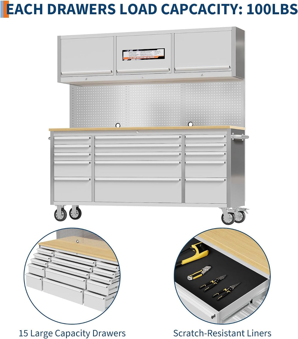 72' Rolling Tool Chest with 15 Drawers, Solid Rubber Wood Workbench Top, Locking Wheels & Key Lock, Mobile Garage Tool Cabinet for Workshop Storage and Organization, Silver