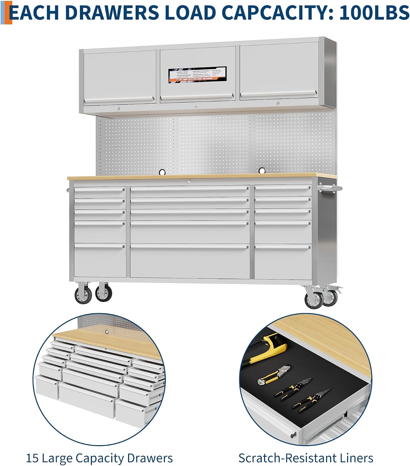 72' Rolling Tool Chest with 15 Drawers, Solid Rubber Wood Workbench Top, Locking Wheels & Key Lock, Mobile Garage Tool Cabinet for Workshop Storage and Organization, Silver