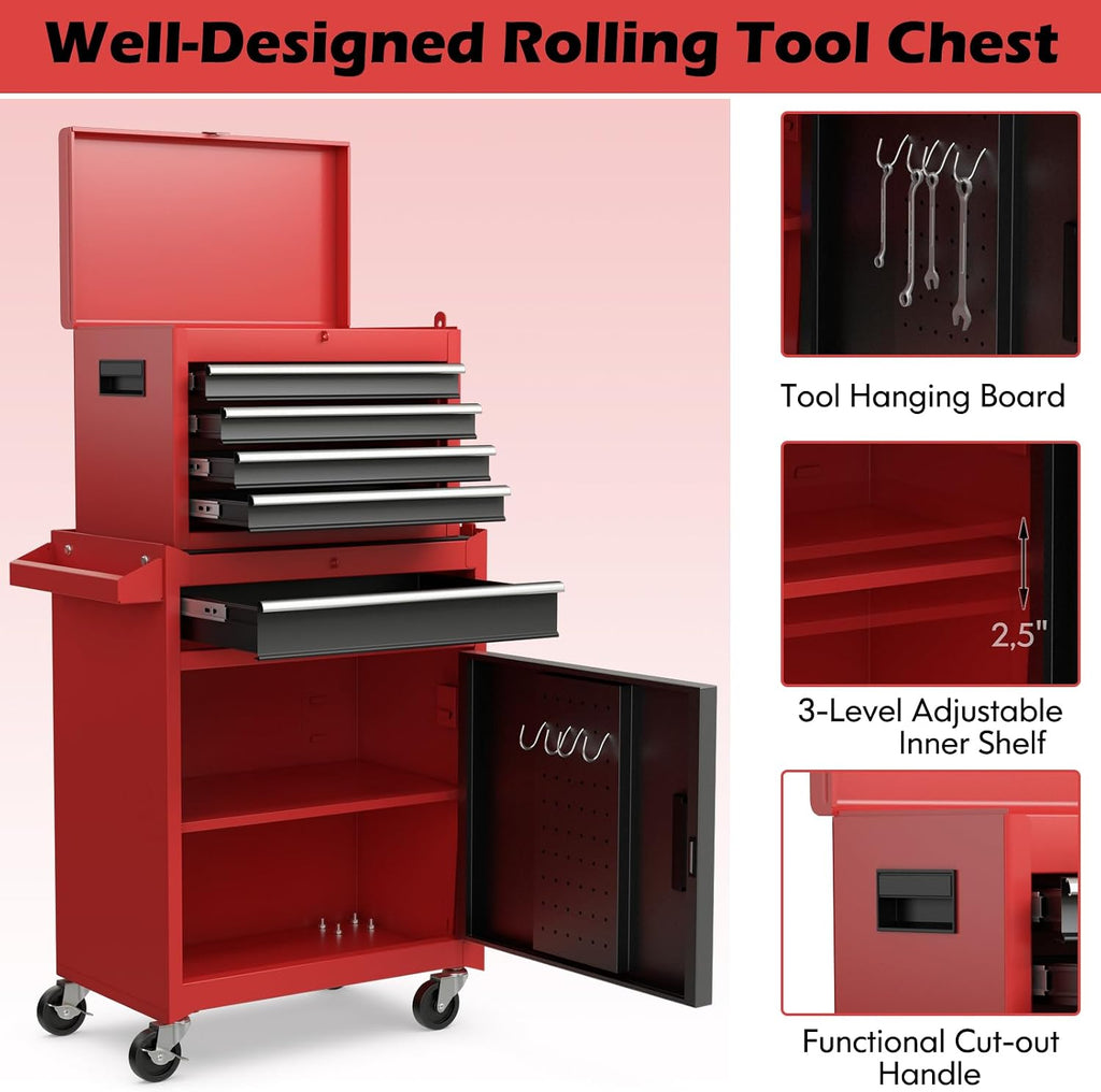 S AFSTAR 5-Drawer Rolling Tool Chest, High Capacity Tool Storage Cabinet W/Lockable Wheels, Adjustable Shelf & Anti-Slip Liner, Detachable Tool Box Organizer, Rolling Tool Cabinet (Black & Red)