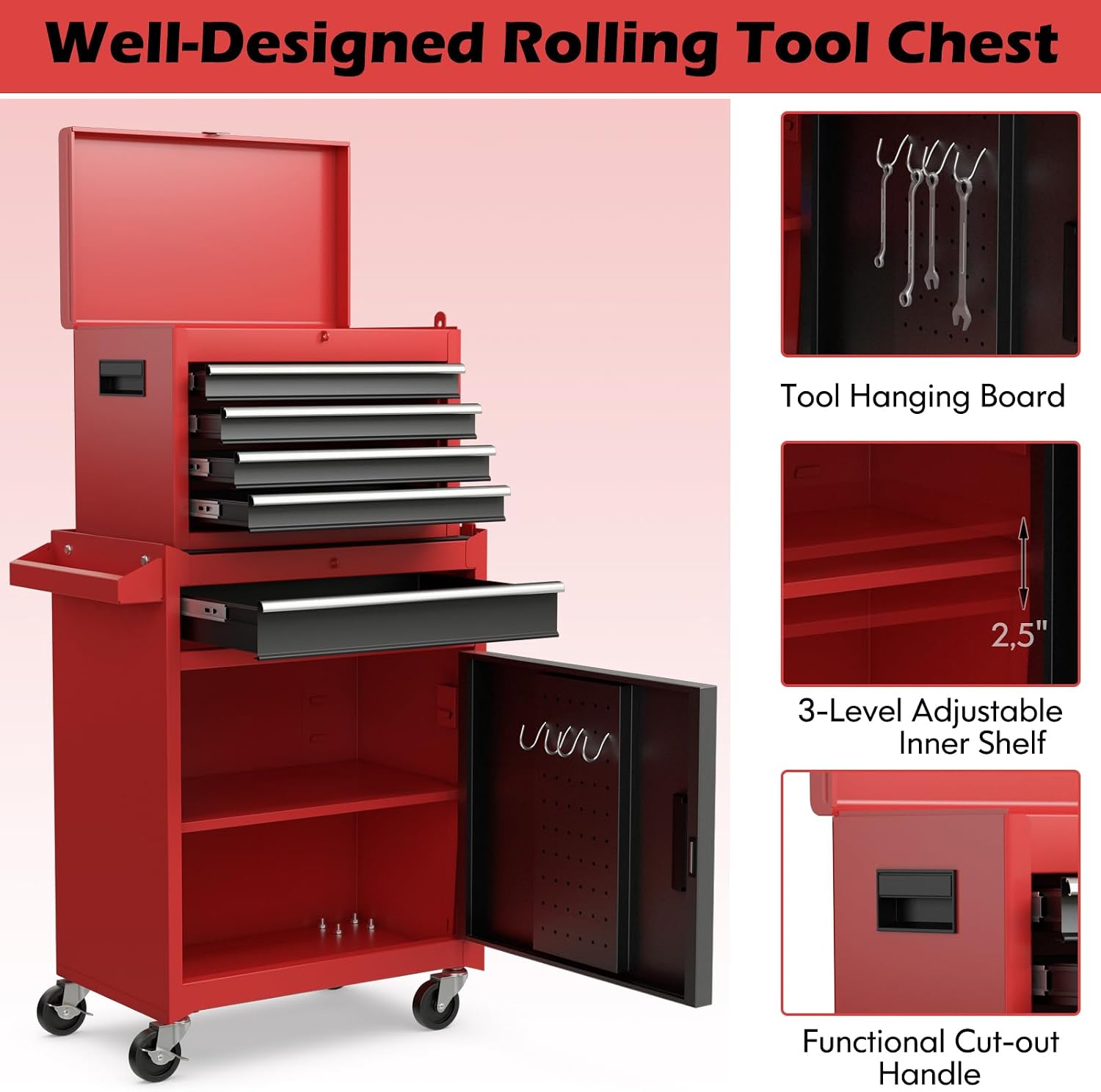 S AFSTAR 5-Drawer Rolling Tool Chest, High Capacity Tool Storage Cabinet W/Lockable Wheels, Adjustable Shelf & Anti-Slip Liner, Detachable Tool Box Organizer, Rolling Tool Cabinet (Black & Red)