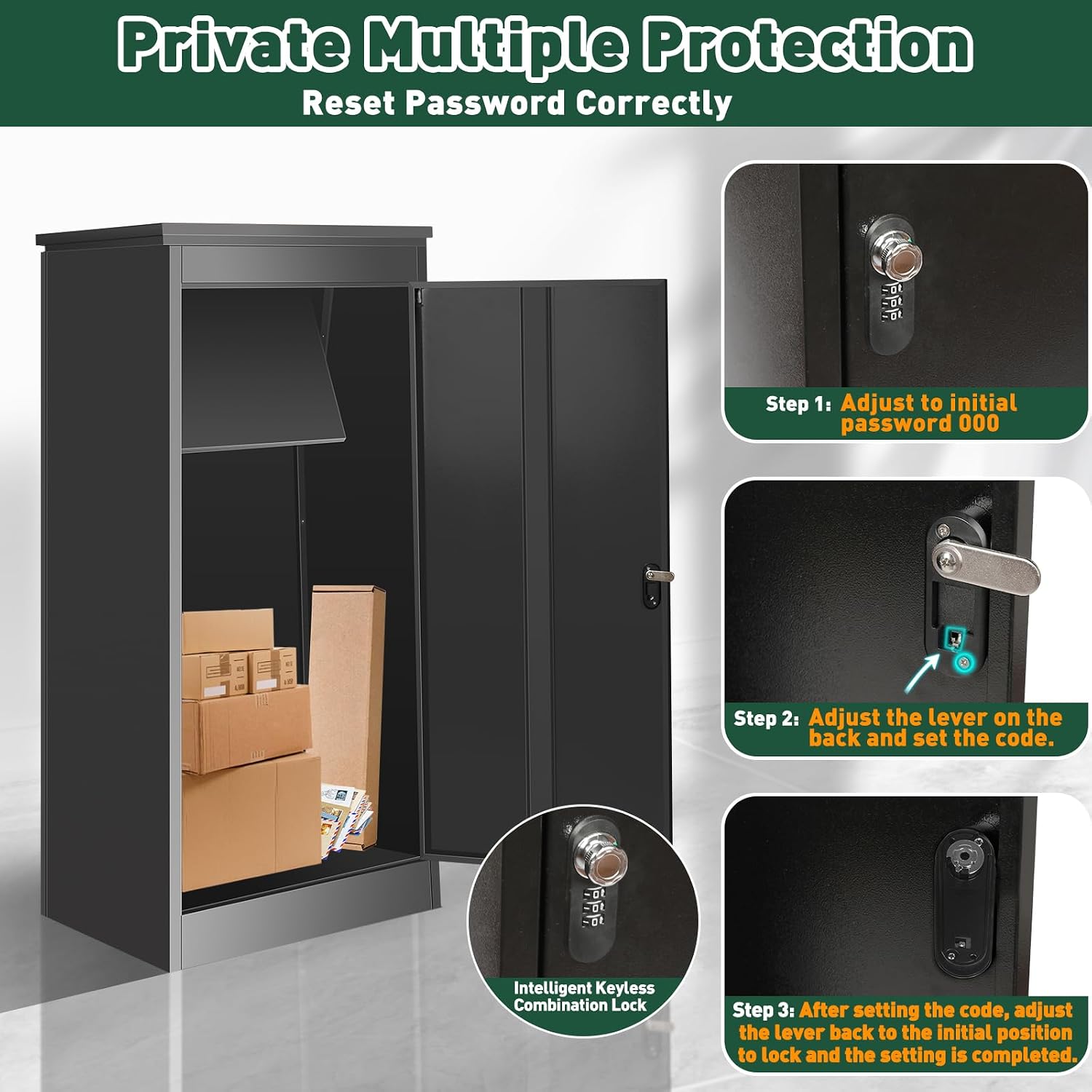 Package Delivery Boxes for Outside, Extra Large Black Parcel Drop Box with Coded Lock, Made of Steel Mailbox with Waterproof Anti-Theft Function, Not Easy Deformed for Home, Porch, Business, Curbside