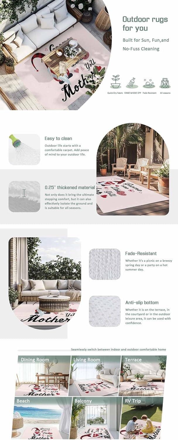Outdoor Rug 4x6ft Happy Mother's Day Love Hearts with Dwarf Patio Area Rugs Waterproof Easy Cleaning Non Shedding Thick Mats Pink Carpet for Indoor Outdoor Porch Deck Backyard Balcony