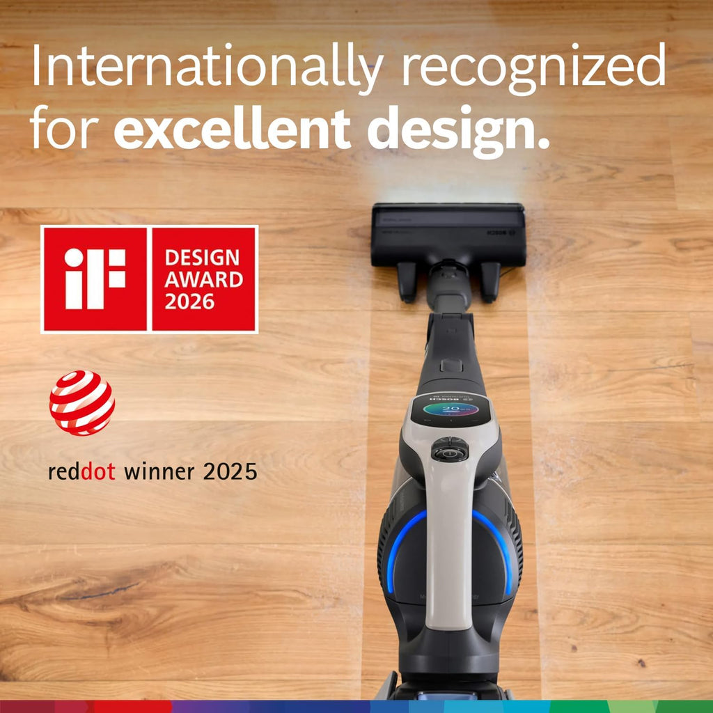Bosch Unlimited 10 Cordless Stick Vacuum Cleaner - 2 Batteries Included, Up to 140 Min Total, Bendable Tube, Fast Charger, Pet Hair, Hard Floors and Carpets, 7 Accessories, Dark Cream