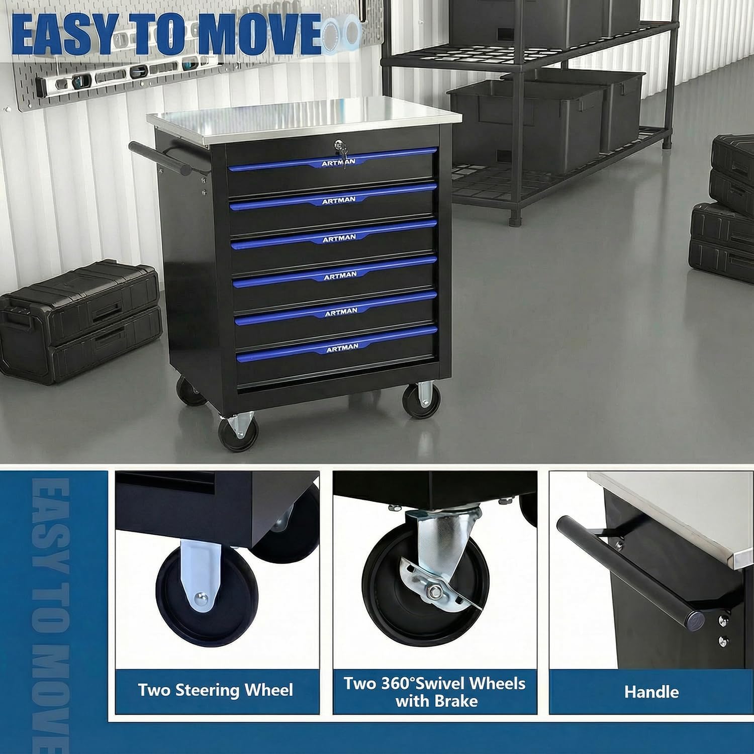 6-Drawer Rolling Tool Chest with Stainless Steel Countertop,Tool Chest with Secure Locking System,Mobile Storage Tool Cabinet with 360°Wheels and Padded Feet,for Home,Garage (Black+Blue)