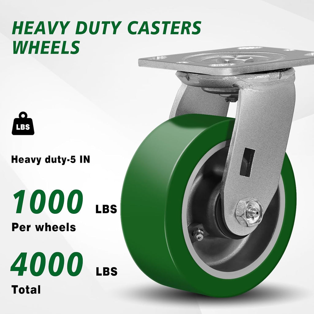 5'X2' Caster Wheels, Heavy Duty Casters Set of 4, Aluminum Core Thickened Polyurethane Industrial Casters for Toolbox Workbench, 4000 Lbs Total Capacity (2 Swivel & 2 Rigid