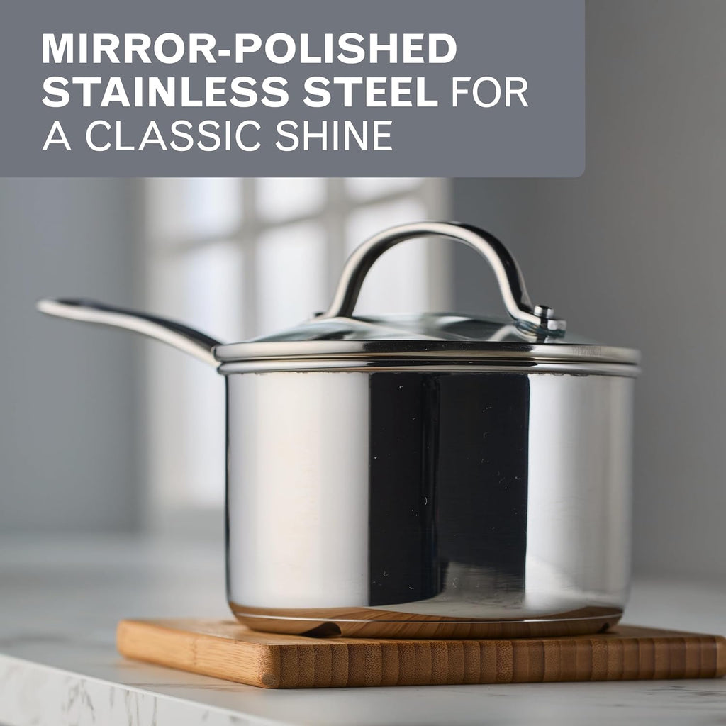 Farberware Millennium Stainless Steel Pots and Pans with Lids, Induction Ready, Compatible with All Cooktops, Metal Utensil Safe, 10 Piece Cookware Set, Dishwasher Safe - Stainless Steel