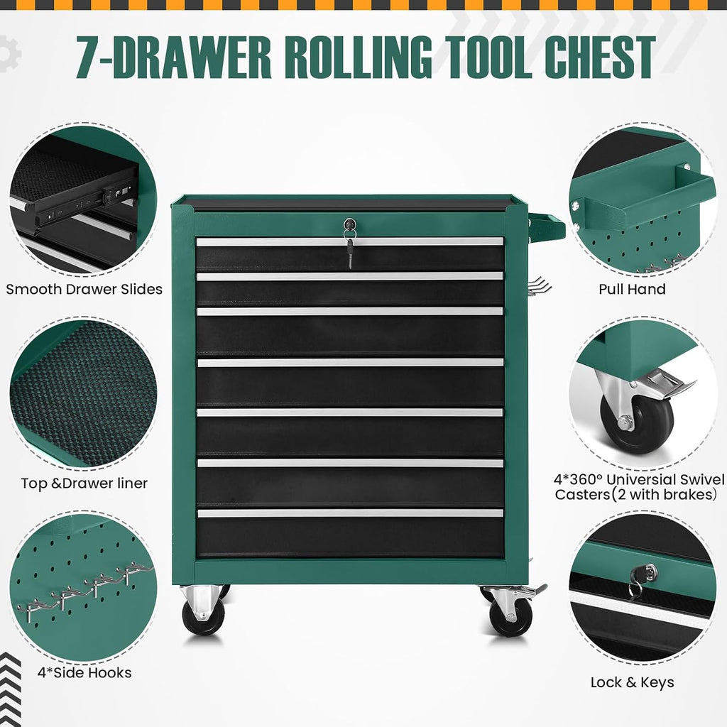 7-Drawer Rolling Tool Chest with Wheels,Tool Cabinet on Wheels with Keyed Locking,Multifunctional Tool Cart on Wheels,Tool Storage Organizer Cabinets for Garage,Warehouse, Repair Shop (Black Green)
