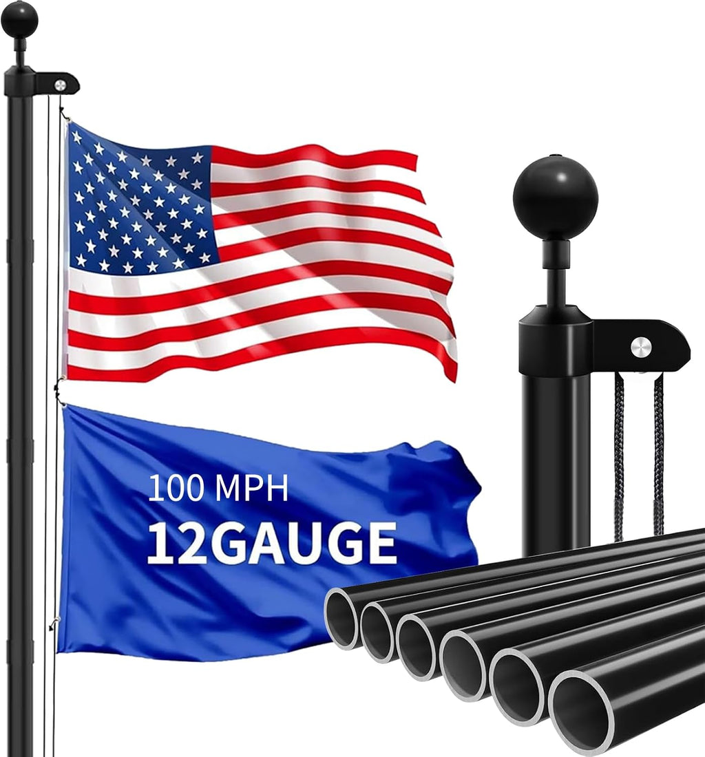 MXQMKL 12 Gauge Flag Pole for Outside House in Ground, 25FT Heavy Duty Flag Poles Kit, Extra Thick Outdoor Flagpole with 3x5 American Flag for Residential and Commercial, Black