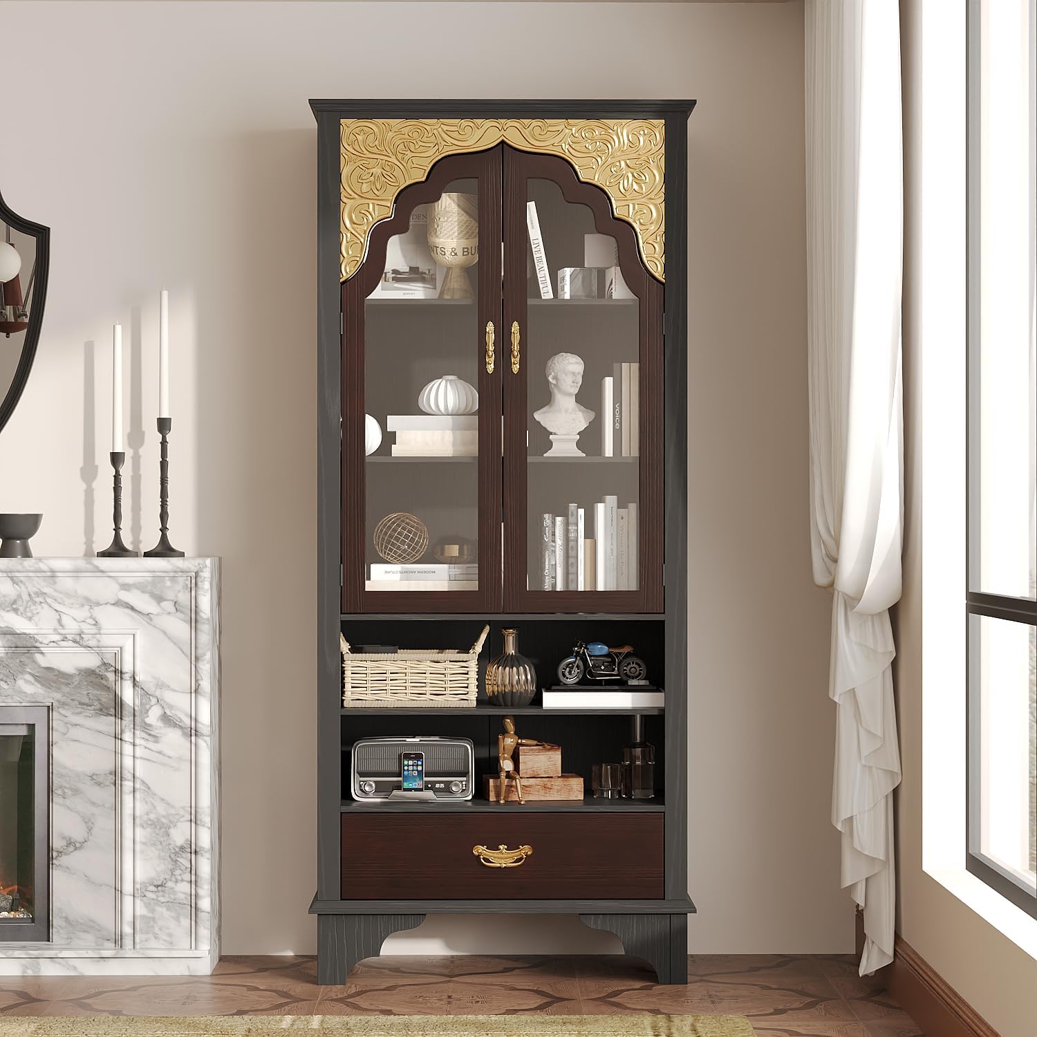 Carved Storage Cabinet with 2 Glass Doors & Drawer, Pooja Mandir with 5-Tier Shelves, Gold Accents, Decorative Cabinet Display Cabinets for Living Room Black and Brown(31.5'W x 15.7'D x 71.8'H)