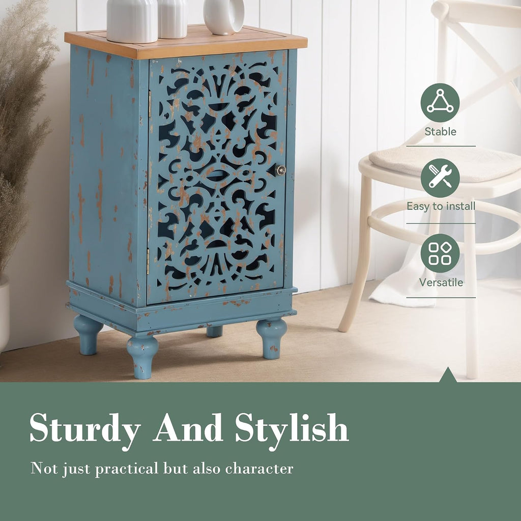 Sophia & William Small Accent Cabinet with Single Door, 31.5' Tall Side End Table, Distressed Nightstand with Hollow Carved Door, Blue