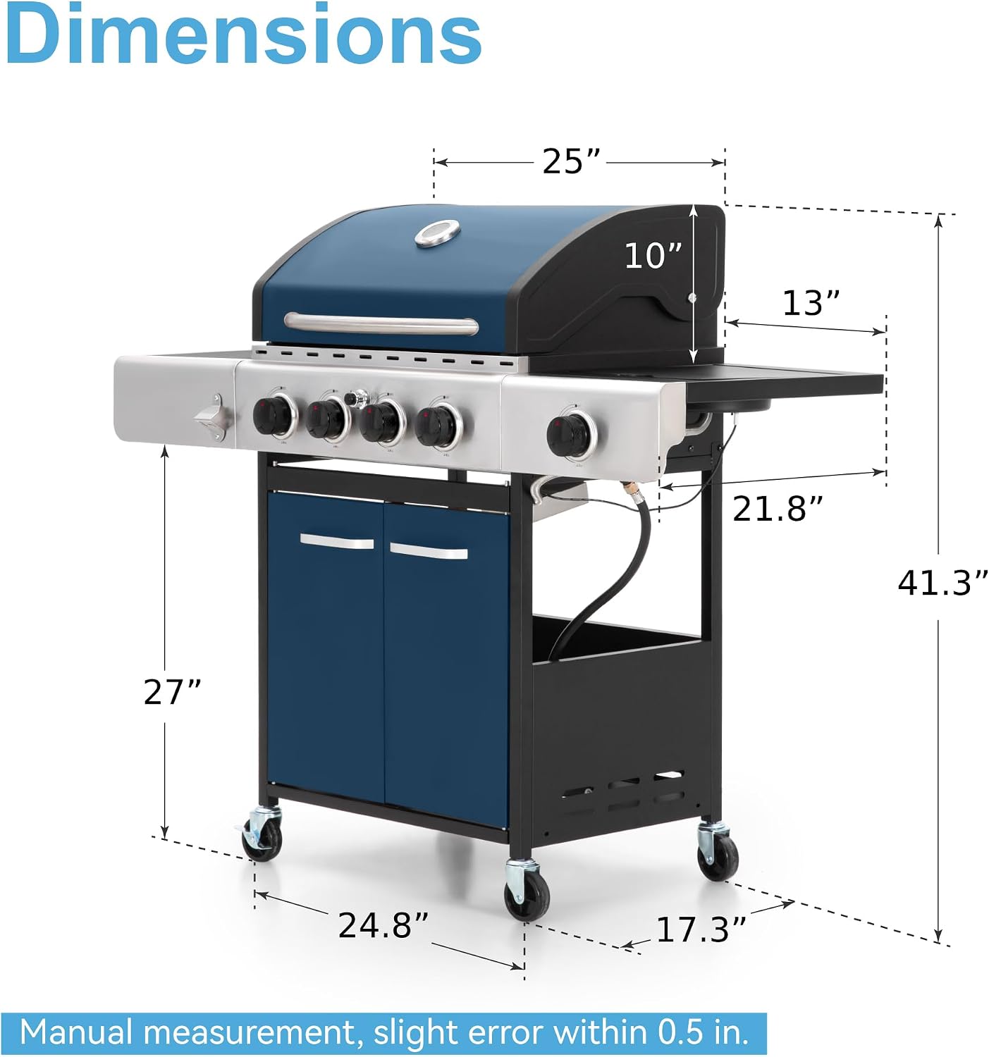 GREEN PARTY 4 Burner BBQ Propane Gas Grill with Side Burner & Porcelain-Enameled Cast Iron Grates, 545 SQIN Grilling Area 42,000 BTUs Barbecue Grill for Outdoor Cooking Garden Patio Backyard, Blue
