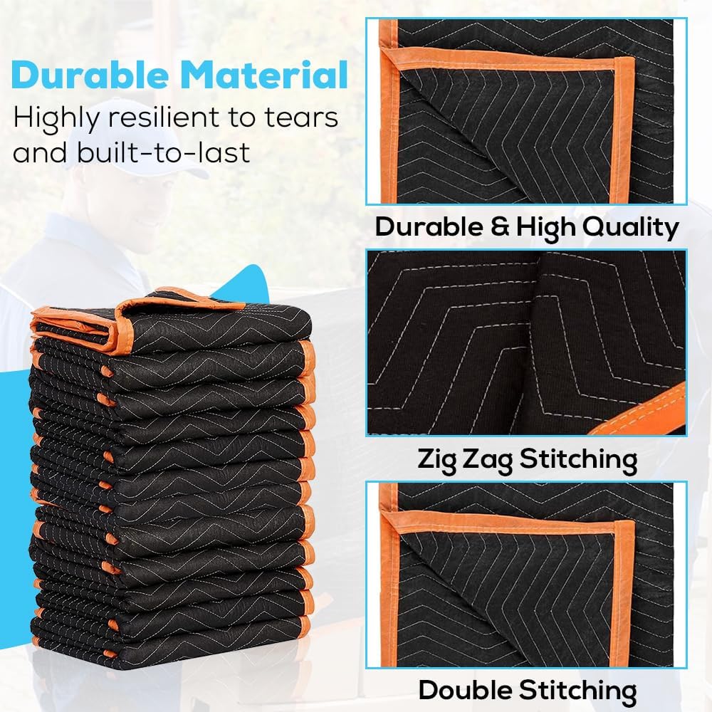 SIMPLI-MAGIC Heavy Duty Padded Moving Blankets (12 Pack),Black/Orange & 79522 Heavy Duty Padded Moving Blankets, Orange/Black, 72' x 80', 6 Pack