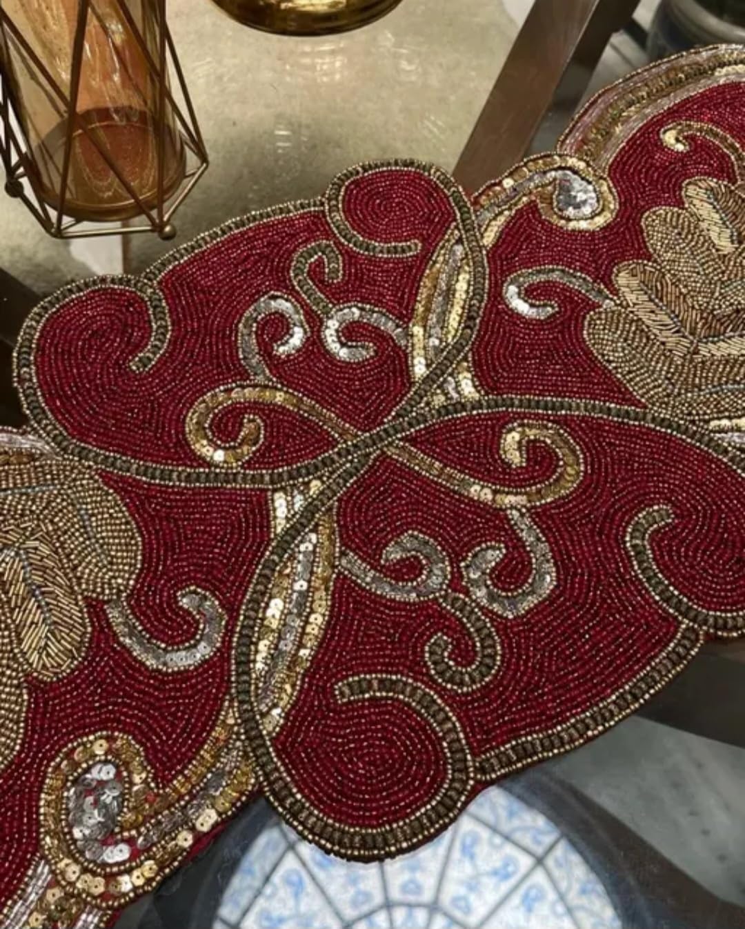 Beaded Table Runner, Red and Gold, Heart-Shaped Design, Decorative Embellished Centerpiece