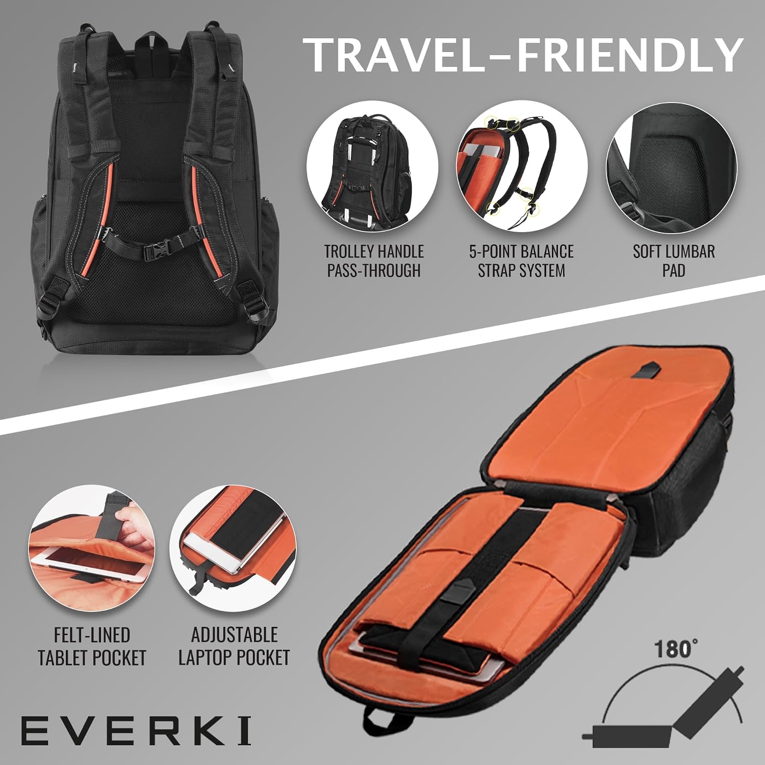 EVERKI Atlas Business Laptop Backpack Bundle + Compression Packing Cube Set - Packing Cubes for Backpack & Trolley 4.6L & 9L + 29L/32L Laptop Backpack for Work, Travel, Men & Women - Black & Orange