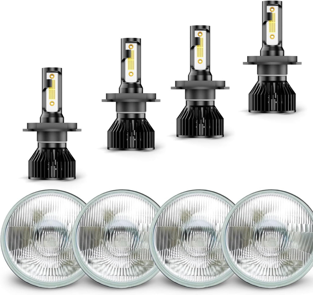 Fit For Chevy Chevelle 1964-1970 5.75' 5-3/4 H4 LED Lights High Low Beam,5.75' 5 3/4' inch Glass Lens OEM Style Compatible With LED H4/9003 High & Low Beam Light Lamp Kit, White,6000K,8-pack