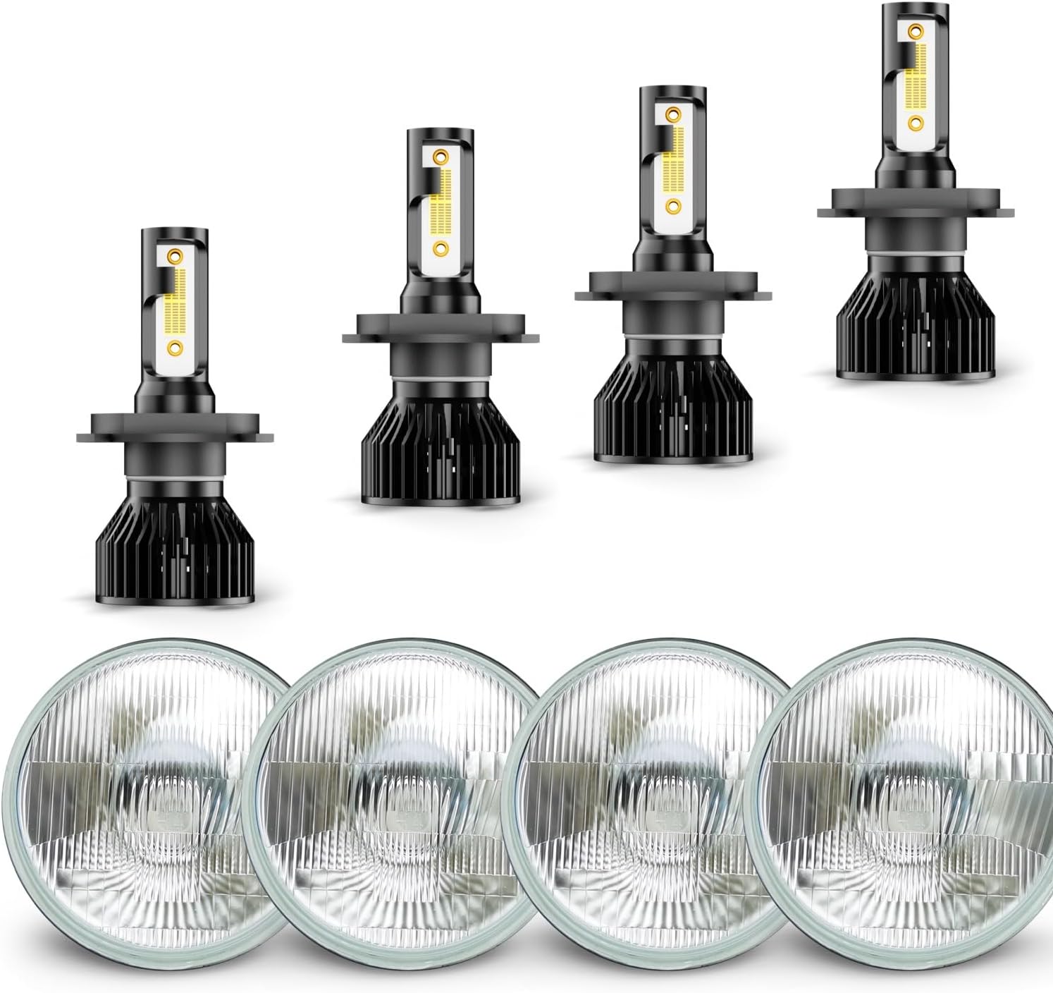 Fit For Chevy Chevelle 1964-1970 5.75' 5-3/4 H4 LED Lights High Low Beam,5.75' 5 3/4' inch Glass Lens OEM Style Compatible With LED H4/9003 High & Low Beam Light Lamp Kit, White,6000K,8-pack