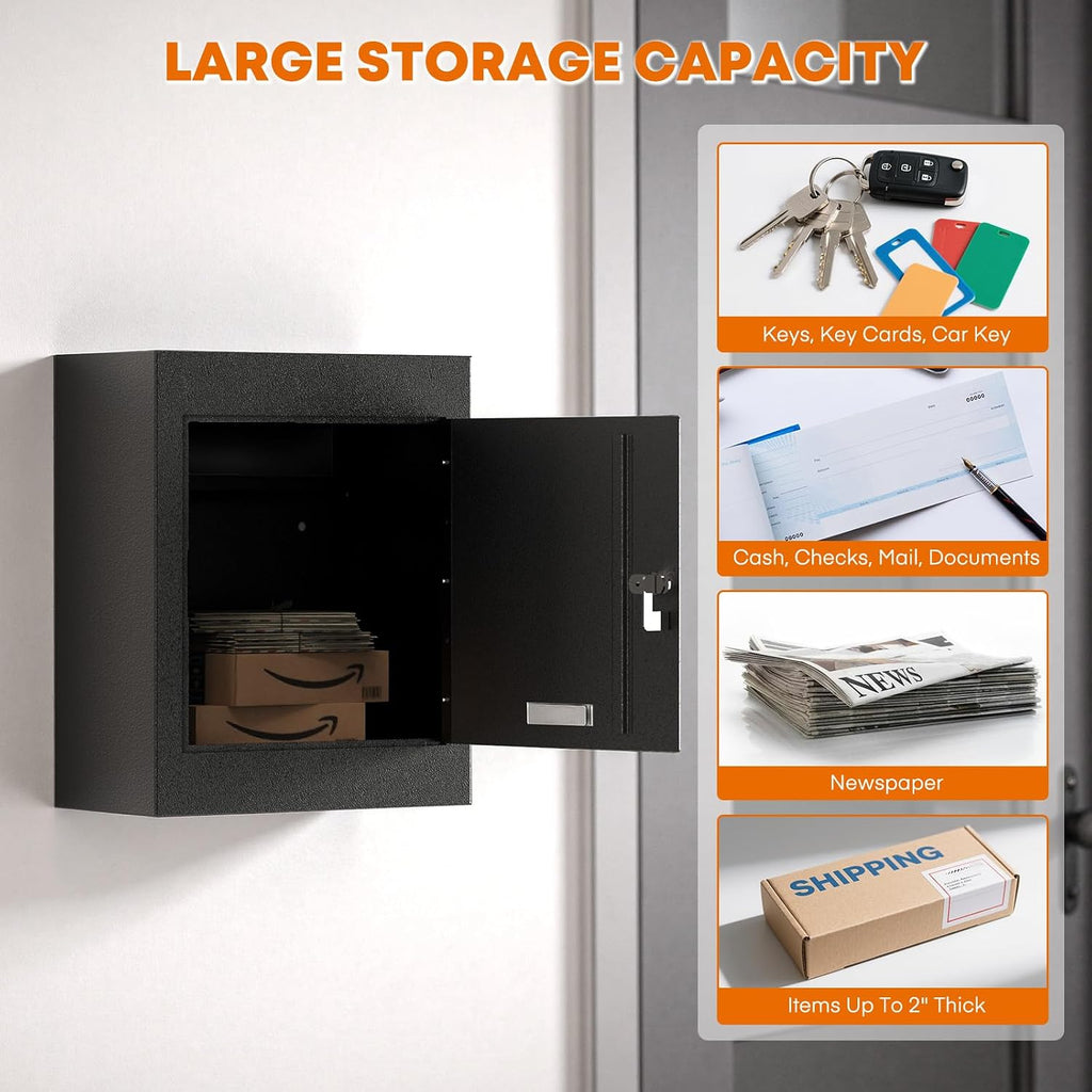 Through-The-Wall Locking Drop Box with Adjustable Chute, Heavy Duty Steel | Rainproof Mailbox for Mail, Checks, Cash, Keys & Rent, Fits 6.63'-11.7' Walls, Anti-Fishing Secure Lock, Black