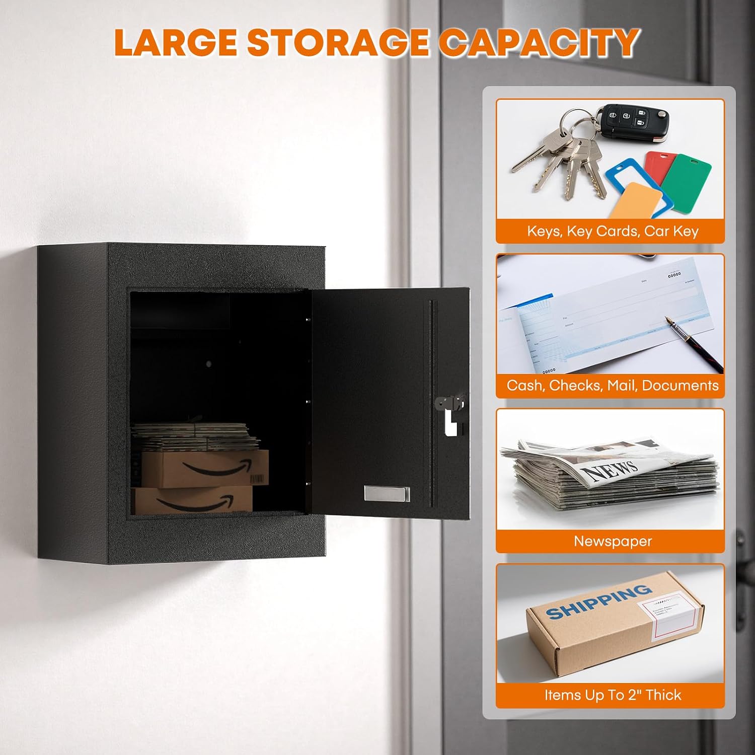 Through-The-Wall Locking Drop Box with Adjustable Chute, Heavy Duty Steel | Rainproof Mailbox for Mail, Checks, Cash, Keys & Rent, Fits 6.63'-11.7' Walls, Anti-Fishing Secure Lock, Black