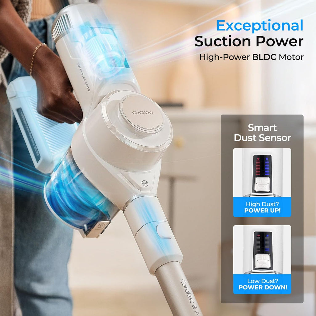CUCKOO Powerclone Cordless Vacuum Cleaner for Home with Charging Stand, High-Suction Cordless Stick Vacuum Cleaner for Hardwood Floor and Carpet, Includes Multiple Attachments, White (CVC-A1410NW)
