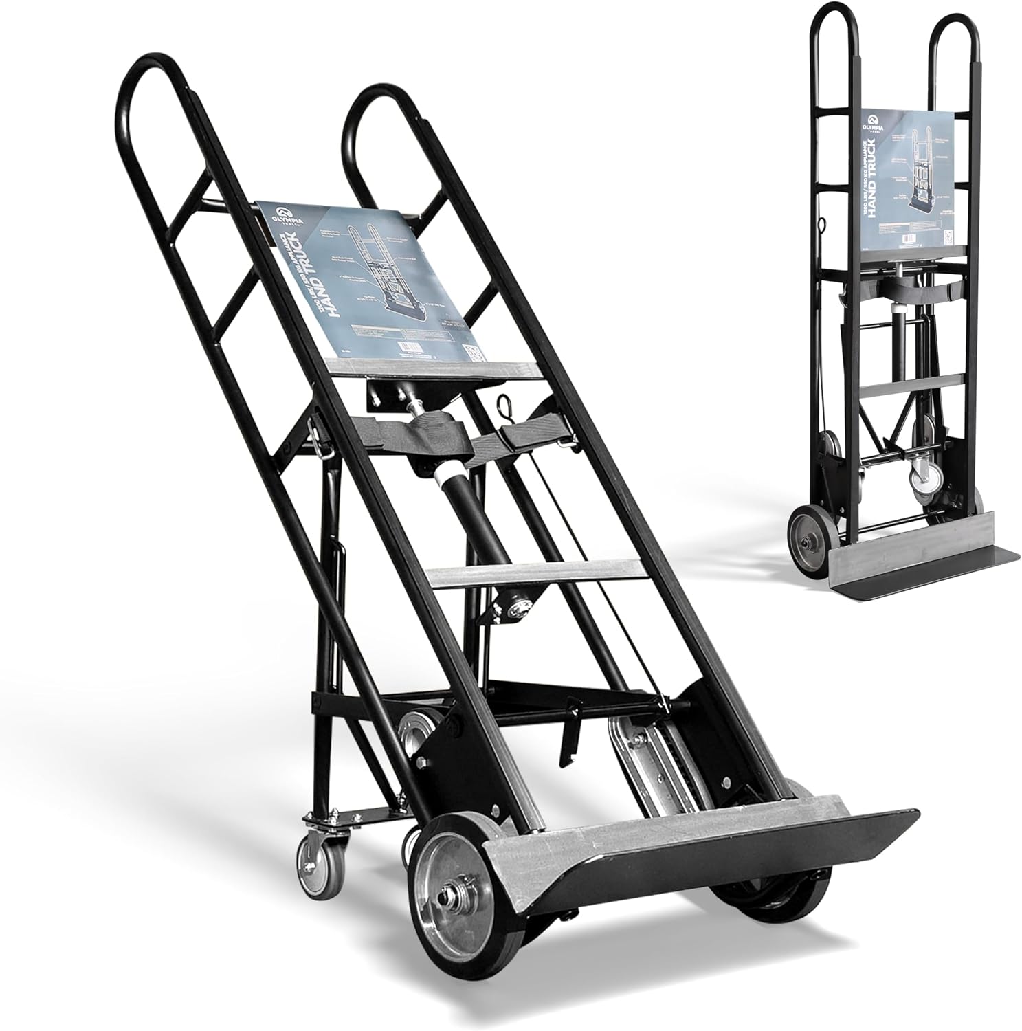 Olympia Tools Appliance Hand Truck, Heavy-Duty Furniture Dolly with Auto-Recoil Straps and Wheels for Moving Large Appliances, 1200 Lb Capacity, Black