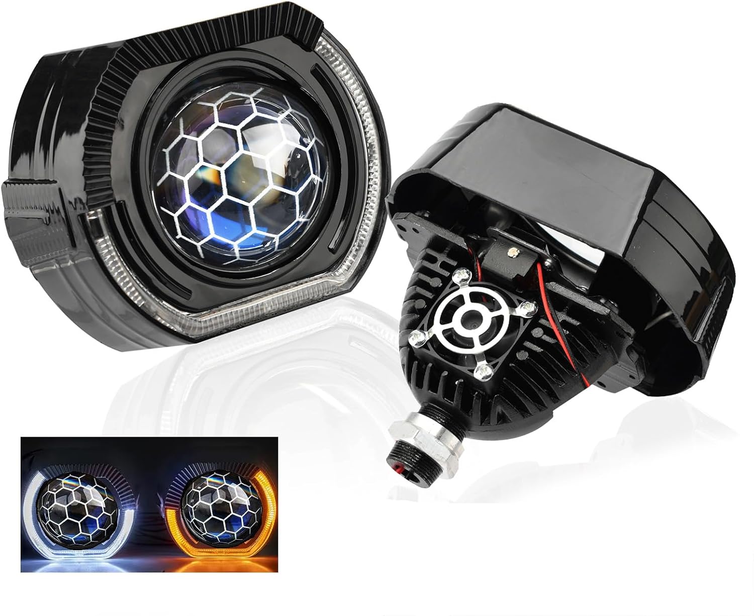 2.5 inch Honeycomb Bi Projector Lens with 2.5 inch White/Yellow Turn Signal Shroud Decoration,70W 6000K-Focus Beam with Sharp Cut off Line No Blind Oncoming Car Upgrade Bi-Xenon Projector Lens