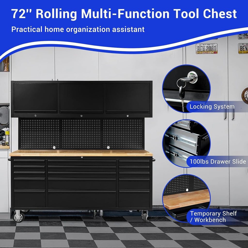 CHETTO C 72 Inch Tool Box Rolling Tool Chest 3 Upper Cabinets with 15 Storage Drawers Pegboard Large Toolbox with Wheels for Garage Warehouse Basement Home Pantry (Black)