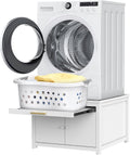 GDLF Laundry Pedestal Heavy Duty Metal Washer and Dryer Stand 29' Universal Fit Anti-Vibration Washing Machine Stand with Laundry Basket Shelf and Built-in Drain Pan + Hose,770 LBS Capacity,White