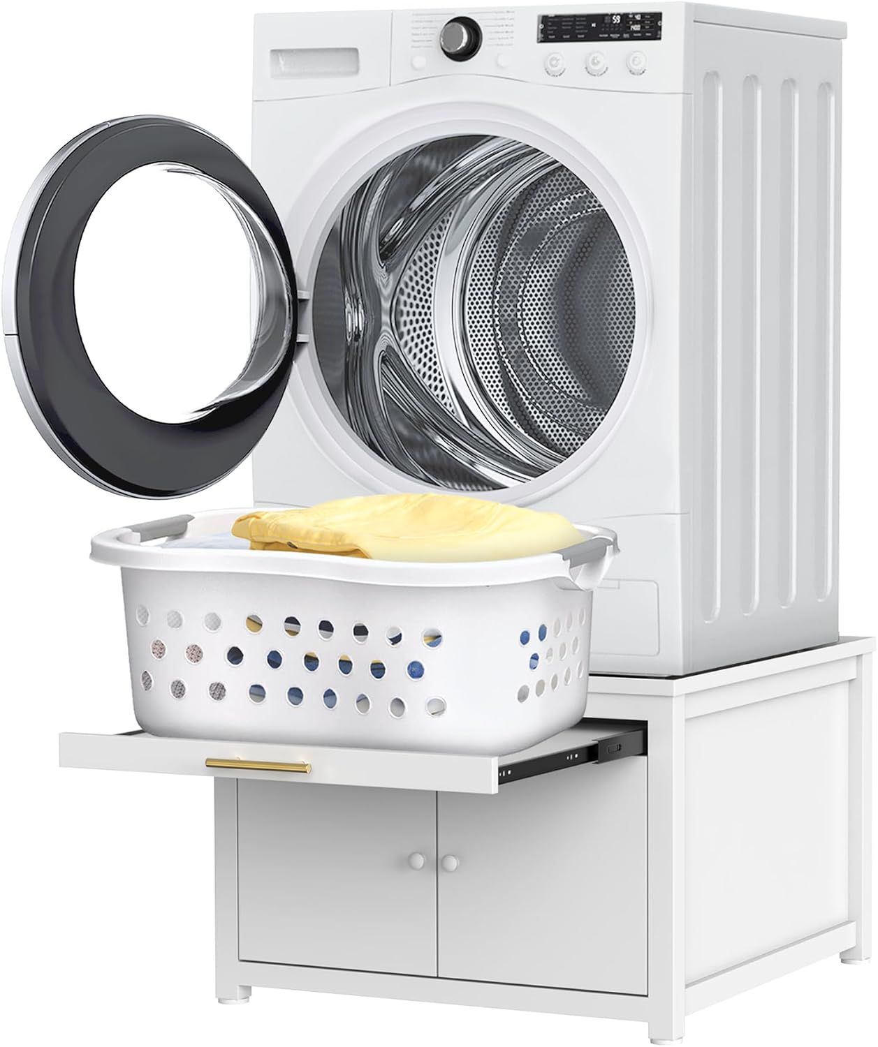GDLF Laundry Pedestal Heavy Duty Metal Washer and Dryer Stand 29' Universal Fit Anti-Vibration Washing Machine Stand with Laundry Basket Shelf and Built-in Drain Pan + Hose,770 LBS Capacity,White