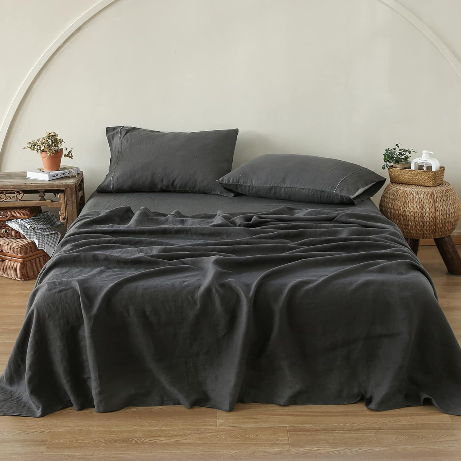 Simple&Opulence 100% Linen Sheet Set with Embroidery Washed - 4 Pieces (1 Flat Sheet & 1 Fitted Sheet & 2 Pillowcases) Natural Flax Soft Bedding Breathable Farmhouse - Dark Grey, King Size