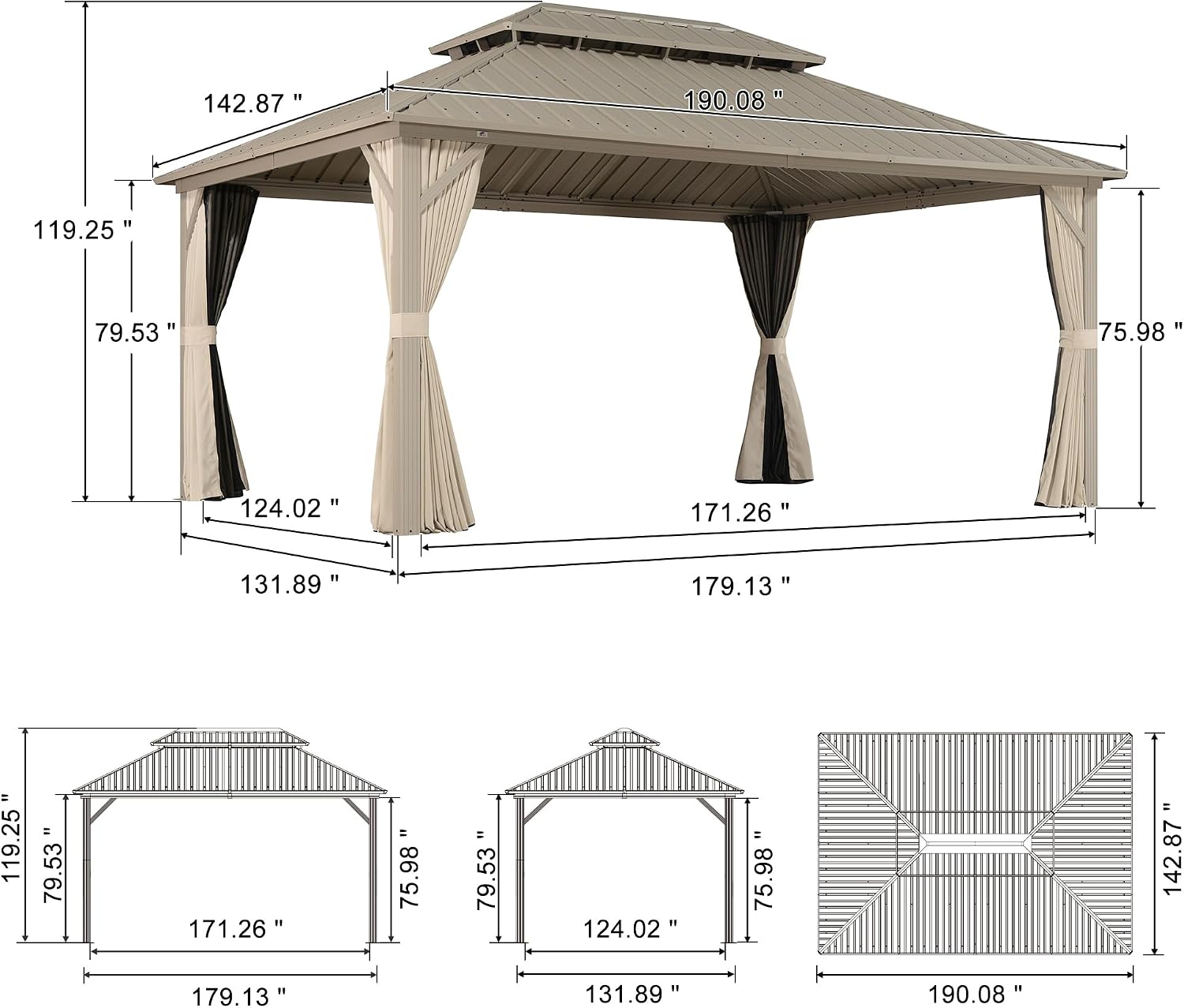 PURPLE LEAF 12' x 16' Outdoor Hardtop Gazebo, Champagne Aluminum Frame with Galvanized Steel Double Roof, Curtains and Netting for Patio Lawn and Garden